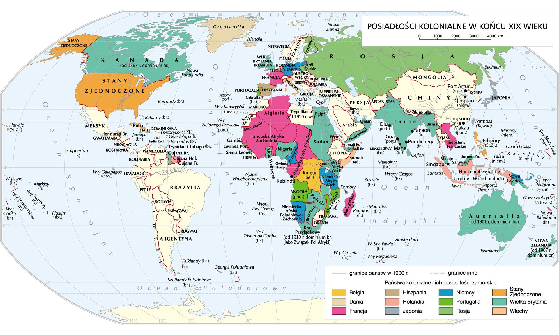 Grafika mapy przedstawiającej Świat kolonialny pod koniec XIX w.