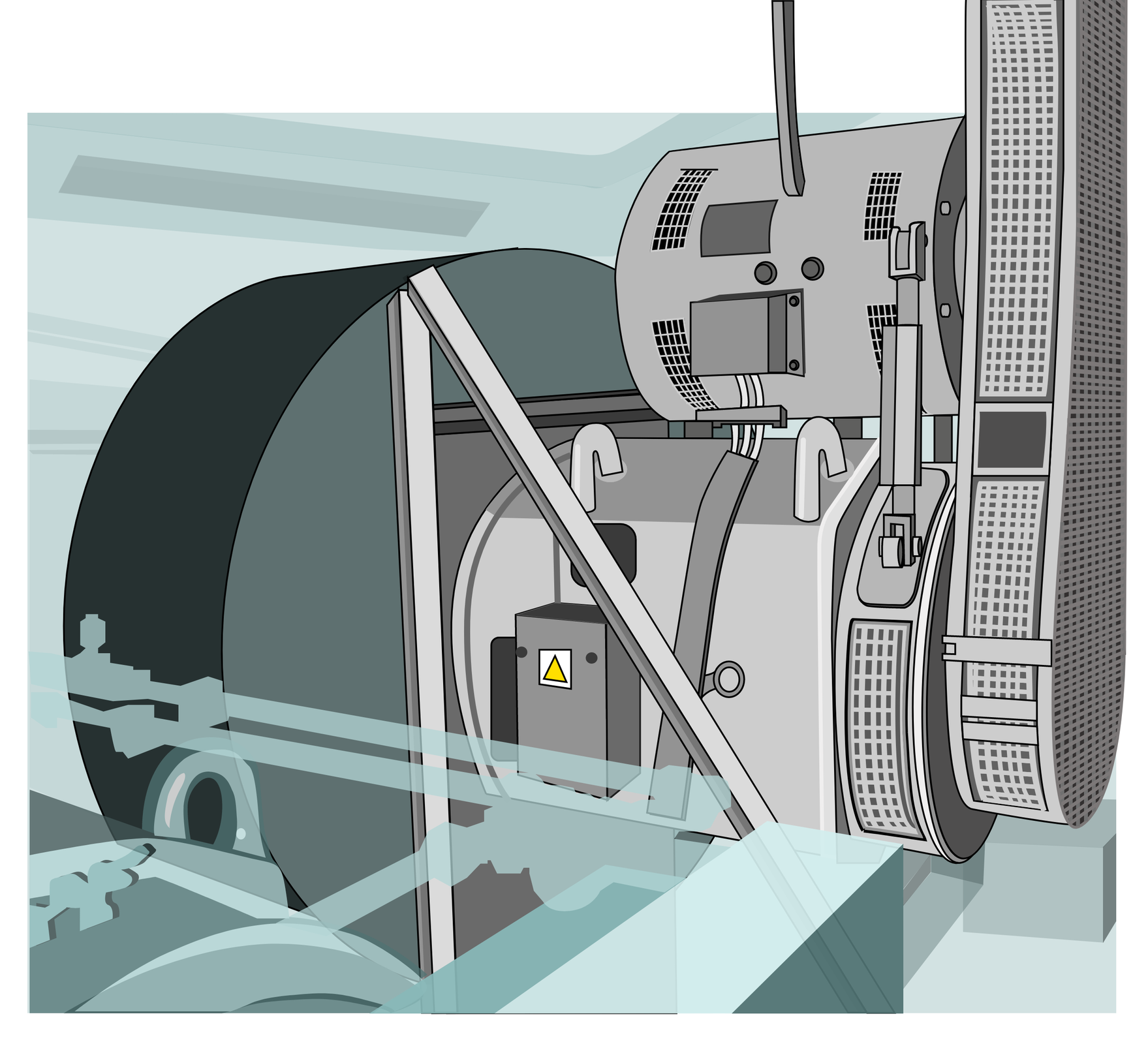 Ilustracja przedstawia przetwornicę w lokomotywie elektrycznej pasażerskiej serii e pe zero dziewięć. Wielki walec ustawiony jest przy ścianie wagonu. Do niego zamontowany jest drugi, mniejszy, na którym jest zawieszona skrzynka elektryczna. Powyżej znajduje się kolejny walec. 