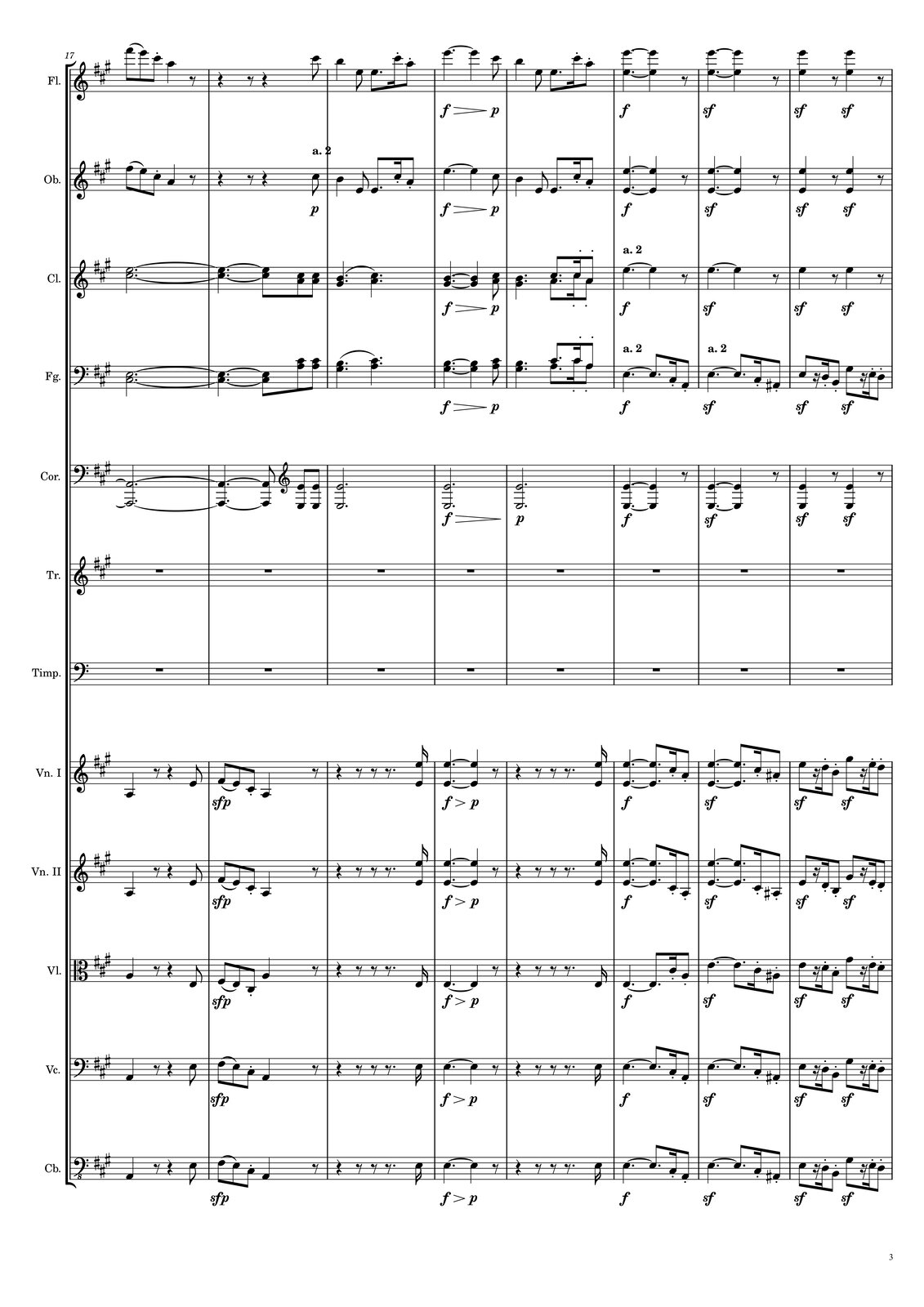 Ilustracja przedstawia trzecią część partytury Sonaty A‑dur nr 4 Op. 92: W siedemnastym takcie flety grają ósemki fis oraz e jako frazę, a następnie ósemkę cis z artykulacją staccato [czytaj: stakkato] oraz ćwierćnutę a, po której zapisano pauzę ósemkową. W takcie osiemnastym na początku zapisano pauzy: ćwierćnutową, ósemkową oraz ponownie ćwierćnutową, a następnie ósemkę cis. W dziewiętnastym takcie na pierwszą miarę grana jest ćwierćnuta h, a następnie ósemka e, ósemka z kropką e, szesnastka cis z artykulacją staccato [czytaj: stakkato] oraz ósemka a z artykulacją staccato [czytaj: stakkato]. W dwudziestym takcie na pierwszą miarę grana jest ćwierćnuta z kropką e, przedłużona o kolejną ćwierćnutę, a dalej ósemka cis. Pod taktem zapisano diminuendo od forte do piano [czytaj: pjano]. W dwudziestym pierwszym takcie na pierwszą miarę grana jest ćwierćnuta h, a następnie ósemka e, ósemka z kropką e, szesnastka cis z artykulacją staccato [czytaj: stakkato] oraz ósemka a z artykulacją staccato [czytaj: stakkato]. W takcie dwudziestym drugim flety grają dźwięk e w oktawie jako ćwierćnutę z kropką przedłużoną o ćwierćnutę, po której następuje pauza ósemkowa. Pod taktem zapisano dynamikę forte. W takcie dwudziestym trzecim flety ponownie grają dźwięk e w oktawie jako ćwierćnutę z kropką przedłużoną o ćwierćnutę, po której następuje pauza ósemkowa. Pod taktem zapisano sforzando [czytaj: sforzando]. W dwudziestym czwartym takcie grana jest ćwierćnuta e w oktawie ze sforzando [czytaj: sforzando] oraz pauza ósemkowa, a potem ponownie ćwierćnuta e w oktawie ze sforzando [czytaj: sforzando] oraz pauza ósemkowa. W siedemnastym takcie oboje grają ósemki fis oraz e jako frazę, a następnie ósemkę cis z artykulacją staccato [czytaj: stakkato] oraz ćwierćnutę a, po której zapisano pauzę ósemkową. W takcie osiemnastym na początku zapisano pauzy: ćwierćnutową, ósemkową oraz ponownie ćwierćnutową, a następnie ósemkę cis. W dziewiętnastym takcie na pierwszą miarę grana jest ćwierćnuta h, a następnie ósemka e, ósemka z kropką e, szesnastka cis z artykulacją staccato [czytaj: stakkato] oraz ósemka a z artykulacją staccato [czytaj: stakkato]. W dwudziestym takcie na pierwszą miarę grana jest ćwierćnuta z kropką e, przedłużona o kolejną ćwierćnutę, a dalej ósemka ci. Pod taktem zapisano diminuendo od forte do piano [czytaj: pjano]. W dwudziestym pierwszym takcie na pierwszą miarę grana jest ćwierćnuta h, a następnie ósemka e, ósemka z kropką e, szesnastka cis z artykulacją staccato [czytaj: stakkato] oraz ósemka a z artykulacją staccato [czytaj: stakkato]. W takcie dwudziestym drugim oboje grają dźwięk e w oktawie jako ćwierćnutę z kropką przedłużoną o ćwierćnutę, po której następuje pauza ósemkowa. Pod taktem zapisano dynamikę forte. W takcie dwudziestym trzecim oboje ponownie grają dźwięk e w oktawie jako ćwierćnutę z kropką przedłużoną o ćwierćnutę, po której następuje pauza ósemkowa. Pod taktem zapisano sforzando [czytaj: sforzando]. W dwudziestym czwartym takcie grana jest ćwierćnuta e w oktawie ze sforzando [czytaj: sforzando] oraz pauza ósemkowa, a potem ponownie ćwierćnuta e w oktawie ze sforzando [czytaj: sforzando] oraz pauza ósemkowa. Klarnety w takcie siedemnastym rozpoczynają od półnuty z kropką, zagranej dźwiękami cis oraz e; jest ona przedłużona do kolejnego taktu. W takcie osiemnastym na pierwszą miarę zapisano przedłużoną z taktu poprzedniego ćwierćnutę z kropką, przedłużoną dodatkowo o ósemkę. Na miary piątą oraz szóstą zapisano dwie ósemki, obie składające się z dźwięków a oraz cis. W takcie dziewiętnastym klarnety grają na frazę, składającą się z dwóch ćwierćnut z kropką; na pierwszą miarę są to nuty gis oraz h, na miarę czwartą a oraz cis. W takcie dwudziestym na pierwszą miarę zapisano ćwierćnutę z kropką, składającą się z nut gis oraz h, przedłużoną dodatkowo o ćwierćnutę; na szóstą miarę zapisano ósemkę, składającą się z dźwięków a oraz cis. Pod taktem zapisano diminuendo od forte do piano [czytaj: pjano]. W takcie dwudziestym pierwszym na pierwszą miarę grana jest ćwierćnuta z kropką z dźwięków gis oraz h, a następnie ósemka z kropką a oraz gis, szesnastka cis z artykulacją staccato [czytaj: stakkato] oraz ósemka a z artykulacją staccato [czytaj: stakkato]. W dwudziestym drugim takcie na pierwszą miarę grana jest ćwierćnuta z kropką e, przedłużona o kolejną ćwierćnutę, po której następuje pauza ósemkowa. Pod taktem zapisano dynamikę forte. W takcie dwudziestym trzecim na pierwszą miarę grana jest ćwierćnuta z kropką e, przedłużona o kolejną ćwierćnutę, po której następuje pauza ósemkowa. Pod taktem zapisano sforzando [czytaj: sforzando]. W takcie dwudziestym czwartym na pierwszą miarę grana jest ćwierćnuta e wraz ze sforzando [czytaj: sforzando], następnie zapisano pauzę ósemkową, a później ponownie ćwierćnuta e wraz ze sforzando [czytaj: sforzando] oraz pauza ósemkowa. W takcie siedemnastym fagoty rozpoczynają od półnuty z kropką, zagranej dźwiękami cis oraz e; jest ona przedłużona do kolejnego taktu. W takcie osiemnastym na pierwszą miarę zapisano przedłużoną z taktu poprzedniego ćwierćnutę z kropką, przedłużoną dodatkowo o ósemkę. Na miary piątą oraz szóstą zapisano dwie ósemki, obie składające się z dźwięków a oraz cis. W takcie dziewiętnastym klarnety grają na frazę, składającą się z dwóch ćwierćnut z kropką; na pierwszą miarę są to nuty gis oraz h, na miarę czwartą a oraz cis. W takcie dwudziestym na pierwszą miarę zapisano ćwierćnutę z kropką, składającą się z nut gis oraz h, przedłużoną dodatkowo o ćwierćnutę; na szóstą miarę zapisano ósemkę, składającą się z dźwięków a oraz cis. Pod taktem zapisano diminuendo od forte do piano [czytaj: pjano]. W takcie dwudziestym pierwszym na pierwszą miarę grana jest ćwierćnuta z kropką z dźwięków gis oraz h, a następnie ósemka z kropką a oraz gis, szesnastka cis z artykulacją staccato [czytaj: stakkato] oraz ósemka a z artykulacją staccato [czytaj: stakkato]. W dwudziestym drugim takcie na pierwszą miarę grana jest ćwierćnuta z kropką e, przedłużona o ósemkę z kropką, po której następuje szesnastka cis z artykulacją staccato [czytaj: stakkato] oraz ósemka a z artykulacją staccato [czytaj: stakkato]. Pod taktem zapisano dynamikę forte. W takcie dwudziestym trzecim na pierwszą miarę grana jest ćwierćnuta z kropką e ze sforzando [czytaj: sforzando], przedłużona o ósemkę z kropką, a następnie szesnastka cis z artykulacją staccato [czytaj: stakkato] oraz ósemka ais z artykulacją staccato [czytaj: stakkato]. W takcie dwudziestym czwartym na pierwszą miarę grana jest ósemka e ze sforzandem [czytaj: sforzandem], a dalej zapisano pauzę szesnastkową, szesnastkę d z artykulacją staccato [czytaj: stakkato] i ósemkę h z artykulacją staccato [czytaj: stakkato], a na trzecią miarę ósemkę g ze sforzandem [czytaj: sforzandem], pauzę szesnastkową, a następnie szesnastkę e z artykulacją staccato [czytaj: stakkato] oraz ósemkę d z artykulacją staccato [czytaj: stakkato]. W partii waltorni w takcie siedemnastym grane jest przedłużenie oktawy a z taktów poprzednich; półnuta z kropką jest przedłużona dalej, do kolejnego taktu. W takcie osiemnastym na pierwszą miarę zapisano przedłużoną z taktu poprzedniego oktawę a jako ćwierćnutę z kropką, która dodatkowo jest przedłużona jeszcze o ósemkę. Na piątą miarę następuje zmiana klucza na wiolinowy, a dalej zapisano dwie ósemki‑oktawy e na miary piątą oraz szóstą. W dziewiętnastym takcie grana jest półnuta z kropką‑oktawa e. To samo zapisano w takcie dwudziestym, ale tam dodatkowo następuje diminuendo od forte do piano [czytaj: pjano] już w takcie kolejnym. W dwudziestym pierwszym takcie jeszcze raz zapisano półnutę z kropką‑oktawę e. W takcie dwudziestym drugim na pierwszą miarę ponownie grana jest oktawa e, tym razem jako ćwierćnuta z kropką, przedłużona dodatkowo o ćwierćnutę, po której następuje pauza ósemkowa. Pod taktem zapisano dynamikę forte. W takcie dwudziestym trzecim na pierwsza miarę raz jeszcze grana jest oktawa e, tym razem jako ćwierćnuta z kropką, przedłużona dodatkowo o ćwierćnutę, po której następuje pauza ósemkowa. Pod taktem zapisano sforzando [czytaj: sforzando]. W dwudziestym czwartym takcie grana jest ćwierćnuta‑oktawa e ze sforzandem [czytaj: sforzandem], następnie zaznaczono pauzę ósemkową, a dalej ponownie wykonywana jest ćwierćnuta‑oktawa e ze sforzandem [czytaj: sforzandem], po której zaznaczono pauzę ósemkową. W taktach od siedemnastego do dwudziestego czwartego trąbki oraz kotły mają zapisane wyłącznie pauzy. W partii pierwszych skrzypiec w takcie siedemnastym na pierwszą miarę zapisano ćwierćnutę a, następnie pauzę ósemkową, pauzę ćwierćnutową i ósemkę e. W osiemnastym takcie na pierwszą miarę grana jest ósemka fis ze sforzandem [czytaj: sforzandem], która razem z ósemką e tworzy frazę; dalej zapisano ósemkę cis z artykulacją staccato [czytaj: stakkato], a następnie ćwierćnutę a oraz pauzę ósemkową. W dziewiętnastym takcie zapisano pauzy: kolejno ćwierćnutową, ósemkową, ponownie ósemkową oraz ósemkową z kropką, a na koniec taktu szesnastkę z dźwiękiem e granym w oktawie. W dwudziestym takcie grana jest ćwierćnuta z kropką‑oktawa e, przedłużona o kolejną ćwierćnutę, a następnie pauza ósemkowa. Pod taktem zapisano diminuendo od forte do piano [czytaj: pjano]. W takcie dwudziestym pierwszym zapisano pauzy: ćwierćnutową, dwie ósemkowe oraz ósemkową z kropką, a następnie szesnastkę‑oktawę e. W takcie dwudziestym drugim na pierwszą miarę grana jest ćwierćnuta z kropką‑oktawa e, przedłużona o ósemkę z kropką, a następnie szesnastka cis z artykulacją staccato [czytaj: stakkato] oraz ósemka a z artykulacją staccato [czytaj: stakkato]. Pod taktem zapisano dynamikę forte. W dwudziestym trzecim takcie na pierwszą miarę grana jest ćwierćnuta z kropką‑oktawa e ze sforzandem [czytaj: sforzandem], przedłużona o ósemkę z kropką, a następnie szesnastka cis z artykulacją staccato [czytaj: stakkato] oraz ósemka ais z artykulacją staccato [czytaj: stakkato]. W takcie dwudziestym czwartym na pierwszą miarę grana jest ósemka e ze sforzandem [czytaj: sforzandem], następnie pauza szesnastkowa i szesnastka d z artykulacją staccato [czytaj: stakkato] oraz ósemka h z artykulacją staccato [czytaj: stakkato]. Na czwartą miarę zapisano ósemkę gis ze sforzandem [czytaj: sforzandem], pauzę szesnastkową, szesnastkę e z artykulacją staccato [czytaj: stakkato] oraz ósemkę d z artykulacją staccato [czytaj: stakkato]. W partii drugich skrzypiec w takcie siedemnastym na pierwszą miarę zapisano na pierwsza miarę ćwierćnutę a, następnie pauzę ósemkową, pauzę ćwierćnutową i ósemkę e. W osiemnastym takcie na pierwszą miarę grana jest ósemka fis ze sforzandem [czytaj: sforzandem], która razem z ósemką e tworzy frazę; dalej zapisano ósemkę cis z artykulacją staccato [czytaj: stakkato], a następnie ćwierćnutę a oraz pauzę ósemkową. W dziewiętnastym takcie zapisano pauzy: kolejno ćwierćnutową, ósemkową, ponownie ósemkową oraz ósemkową z kropką, a na koniec taktu szesnastkę z dźwiękiem e granym w oktawie. W dwudziestym takcie grana jest ćwierćnuta z kropką‑oktawa e, przedłużona o kolejną ćwierćnutę, a następnie pauza ósemkowa. Pod taktem zapisano diminuendo od forte do piano [czytaj: pjano]. W takcie dwudziestym pierwszym zapisano pauzy: ćwierćnutową, dwie ósemkowe oraz ósemkową z kropką, a następnie szesnastkę‑oktawę e. W takcie dwudziestym drugim na pierwszą miarę grana jest ćwierćnuta z kropką‑oktawa e, przedłużona o ósemkę z kropką, a następnie szesnastka cis z artykulacją staccato [czytaj: stakkato] oraz ósemka a z artykulacją staccato [czytaj: stakkato]. Pod taktem zapisano dynamikę forte. W dwudziestym trzecim takcie na pierwszą miarę grana jest ćwierćnuta z kropką‑oktawa e ze sforzandem [czytaj: sforzandem], przedłużona o ósemkę z kropką, a następnie szesnastka cis z artykulacją staccato [czytaj: stakkato] oraz ósemka ais z artykulacją staccato [czytaj: stakkato]. W takcie dwudziestym czwartym na pierwszą miarę grana jest ósemka e ze sforzandem [czytaj: sforzandem], następnie pauza szesnastkowa i szesnastka d z artykulacją staccato [czytaj: stakkato] oraz ósemka h z artykulacją staccato [czytaj: stakkato]. Na czwartą miarę zapisano ósemkę gis ze sforzandem [czytaj: sforzandem], pauzę szesnastkową, szesnastkę e z artykulacją staccato [czytaj: stakkato] oraz ósemkę d z artykulacją staccato [czytaj: stakkato]. W partii altówki w takcie siedemnastym na pierwszą miarę zapisano ćwierćnutę a, następnie pauzę ósemkową, pauzę ćwierćnutową i ósemkę e. W osiemnastym takcie na pierwszą miarę grana jest ósemka fis ze sforzandem [czytaj: sforzandem], która razem z ósemką e tworzy frazę; dalej zapisano ósemkę cis z artykulacją staccato [czytaj: stakkato], a następnie ćwierćnutę a oraz pauzę ósemkową. W dziewiętnastym takcie zapisano pauzy: kolejno ćwierćnutową, ósemkową, ponownie ósemkową oraz ósemkową z kropką, a na koniec taktu szesnastkę e. W dwudziestym takcie grana jest ćwierćnuta z kropką e, przedłużona o kolejną ćwierćnutę, a następnie pauza ósemkowa. Pod taktem zapisano diminuendo od forte do piano [czytaj: pjano]. W takcie dwudziestym pierwszym zapisano pauzy: ćwierćnutową, dwie ósemkowe oraz ósemkową z kropką, a następnie szesnastkę e. W takcie dwudziestym drugim na pierwszą miarę grana jest ćwierćnuta z kropką e, przedłużona o ósemkę z kropką, a następnie szesnastka cis z artykulacją staccato [czytaj: stakkato] oraz ósemka a z artykulacją staccato [czytaj: stakkato]. Pod taktem zapisano dynamikę forte. W dwudziestym trzecim takcie na pierwszą miarę grana jest ćwierćnuta z kropką e ze sforzandem [czytaj: sforzandem], przedłużona o ósemkę z kropką, a następnie szesnastka cis z artykulacją staccato [czytaj: stakkato] oraz ósemka ais z artykulacją staccato [czytaj: stakkato]. W takcie dwudziestym czwartym na pierwszą miarę grana jest ósemka e ze sforzandem [czytaj: sforzandem], następnie pauza szesnastkowa i szesnastka d z artykulacją staccato [czytaj: stakkato] oraz ósemka h z artykulacją staccato [czytaj: stakkato]. Na czwartą miarę zapisano ósemkę gis ze sforzandem [czytaj: sforzandem], pauzę szesnastkową, szesnastkę e z artykulacją staccato [czytaj: stakkato] oraz ósemkę d z artykulacją staccato [czytaj: stakkato]. W partii wiolonczeli w takcie siedemnastym na pierwszą miarę zapisano na pierwszą miarę ćwierćnutę a, następnie pauzę ósemkową, pauzę ćwierćnutową i ósemkę e. W osiemnastym takcie na pierwszą miarę grana jest ósemka fis ze sforzandem [czytaj: sforzandem], która razem z ósemką e tworzy frazę; dalej zapisano ósemkę cis z artykulacją staccato [czytaj: stakkato], a następnie ćwierćnutę a oraz pauzę ósemkową. W dziewiętnastym takcie zapisano pauzy: kolejno ćwierćnutową, ósemkową, ponownie ósemkową oraz ósemkową z kropką, a na koniec taktu szesnastkę e. W dwudziestym takcie grana jest ćwierćnuta z kropką e, przedłużona o kolejną ćwierćnutę, a następnie pauza ósemkowa. Pod taktem zapisano diminuendo od forte do piano [czytaj: pjano]. W takcie dwudziestym pierwszym zapisano pauzy: ćwierćnutową, dwie ósemkowe oraz ósemkową z kropką, a następnie szesnastkę e. W takcie dwudziestym drugim na pierwszą miarę grana jest ćwierćnuta z kropką e, przedłużona o ósemkę z kropką, a następnie szesnastka cis z artykulacją staccato [czytaj: stakkato] oraz ósemka a z artykulacją staccato [czytaj: stakkato]. Pod taktem zapisano dynamikę forte. W dwudziestym trzecim takcie na pierwszą miarę grana jest ćwierćnuta z kropką e ze sforzandem [czytaj: sforzandem], przedłużona o ósemkę z kropką, a następnie szesnastka cis z artykulacją staccato [czytaj: stakkato] oraz ósemka ais z artykulacją staccato [czytaj: stakkato]. W takcie dwudziestym czwartym na pierwszą miarę grana jest ósemka e ze sforzandem [czytaj: sforzandem], następnie pauza szesnastkowa i szesnastka d z artykulacją staccato [czytaj: stakkato] oraz ósemka h z artykulacją staccato [czytaj: stakkato]. Na czwartą miarę zapisano ósemkę gis ze sforzandem [czytaj: sforzandem], pauzę szesnastkową, szesnastkę e z artykulacją staccato [czytaj: stakkato] oraz ósemkę d z artykulacją staccato [czytaj: stakkato]. W partii kontrabasu w takcie siedemnastym na pierwszą miarę zapisano na pierwsza miarę ćwierćnutę a, następnie pauzę ósemkową, pauzę ćwierćnutową i ósemkę e. W osiemnastym takcie na pierwszą miarę grana jest ósemka fis ze sforzandem [czytaj: sforzandem], która razem z ósemką e tworzy frazę; dalej zapisano ósemkę cis z artykulacją staccato [czytaj: stakkato], a następnie ćwierćnutę a oraz pauzę ósemkową. W dziewiętnastym takcie zapisano pauzy: kolejno ćwierćnutową, ósemkową, ponownie ósemkową oraz ósemkową z kropką, a na koniec taktu szesnastkę e. W dwudziestym takcie grana jest ćwierćnuta z kropką e, przedłużona o kolejną ćwierćnutę, a następnie pauza ósemkowa. Pod taktem zapisano diminuendo od forte do piano [czytaj: pjano]. W takcie dwudziestym pierwszym zapisano pauzy: ćwierćnutową, dwie ósemkowe oraz ósemkową z kropką, a następnie szesnastkę e. W takcie dwudziestym drugim na pierwszą miarę grana jest ćwierćnuta z kropką e, przedłużona o ósemkę z kropką, a następnie szesnastka cis z artykulacją staccato [czytaj: stakkato] oraz ósemka a z artykulacją staccato [czytaj: stakkato]. Pod taktem zapisano dynamikę forte. W dwudziestym trzecim takcie na pierwszą miarę grana jest ćwierćnuta z kropką e ze sforzandem [czytaj: sforzandem], przedłużona o ósemkę z kropką, a następnie szesnastka cis z artykulacją staccato [czytaj: stakkato] oraz ósemka ais z artykulacją staccato [czytaj: stakkato]. W takcie dwudziestym czwartym na pierwszą miarę grana jest ósemka e ze sforzandem [czytaj: sforzandem], następnie pauza szesnastkowa i szesnastka d z artykulacją staccato [czytaj: stakkato] oraz ósemka h z artykulacją staccato [czytaj: stakkato]. Na czwartą miarę zapisano ósemkę gis ze sforzandem [czytaj: sforzandem], pauzę szesnastkową, szesnastkę e z artykulacją staccato [czytaj: stakkato] oraz ósemkę d z artykulacją staccato [czytaj: stakkato].
