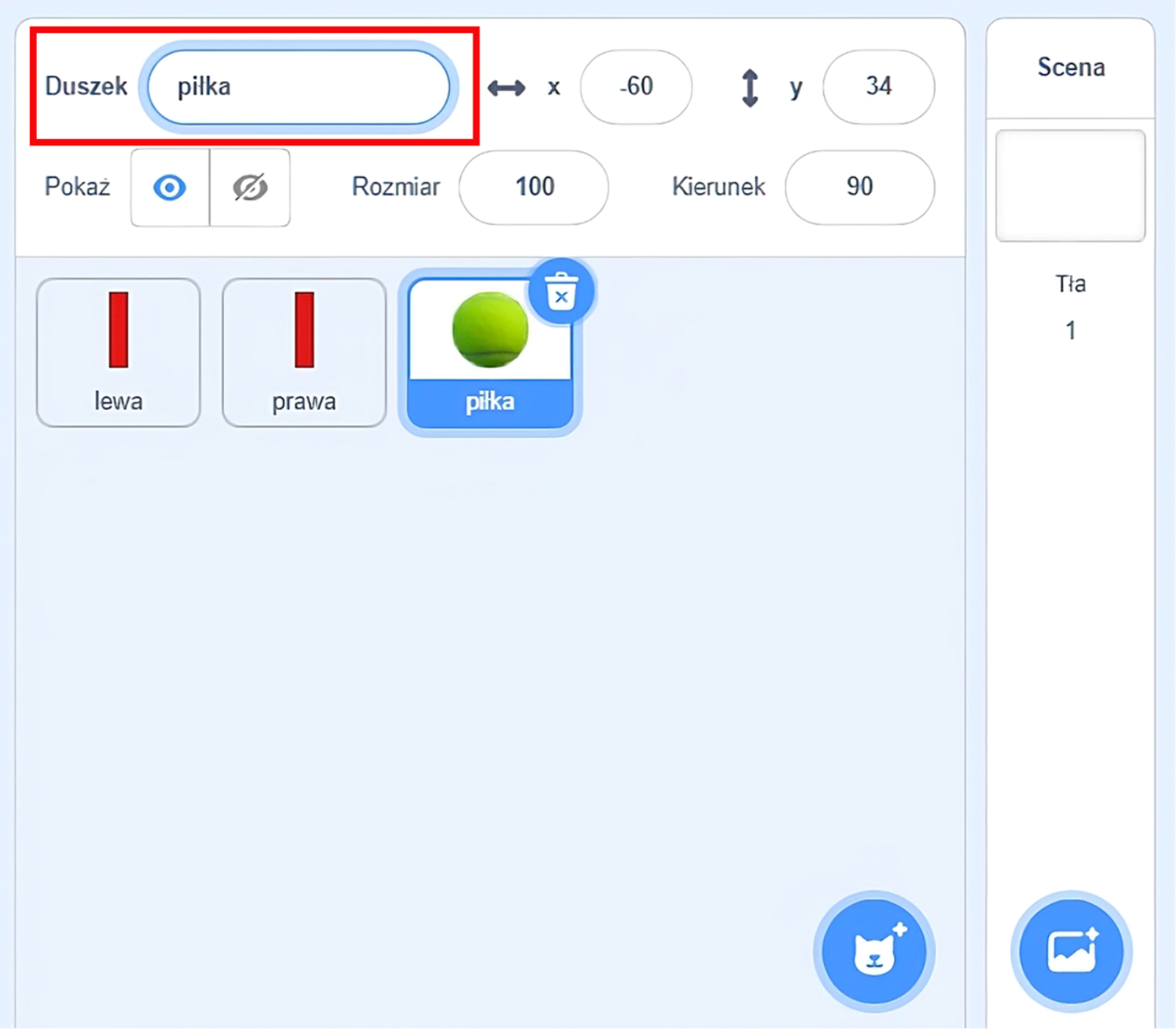 Na zdjęciu widać okno aplikacji gry na którym przedstawiony jest obszar zarządzania duszkami.Okno podzielone jest na dwie części. Po lewej stronie znajduje się główny obszar w postaci białego tła. W jego lewym dolnym rogu umieszczone są przyciski przedstawiające: lupę z symbolem plus, lupę z symbolem minus, dwie równoległe poziome proste. Po prawej stronie okna znajduje się menu. W górnej części menu widać pole z etykietą duszek. W polu znajduje się długi opis składający się z małych liter, dużych liter i cyfr. Na pole duszek skierowana jest duża czerwona strzałka. Obok pola po prawej widoczny jest symbolem osi iks: z liczbą trzydzieści dwa oraz symbol osi igrek z liczbą minus trzydzieści trzy. Niżej znajduje się etykieta pokaż z przyciskami oka oraz przekreślonego oka. Ikona z okiem jest zaznaczona na niebiesko. Obok znajdują się pola rozmiar oraz kierunek z przypisanymi liczbami sto oraz dziewięćdziesiąt.Niżej w lewym górnym rogu znajdują się trzy zdjęcia. Na pierwszych dwóch zdjęciach widoczne są czerwone poziome cienkie prostokąty. Na trzecim zdjęciu znajduje się piłka do tenisa. W prawym górnym rogu pierwszego zdjęcia umieszczony jest symbol kosza. Pod zdjęciami widoczne są podpisy. Pod zdjęciami prostokątów podpis składa się z małych liter, dużych liter i cyfr. Pod zdjęciem piłki znajduje się opis: tenis ball. Na dole menu widać umieszczony jest przycisk przedstawiający głowę kota. Po prawej stronie znajduje się belka z napisem scena oraz tło. Na dole jest przycisk z symbolem zdjęcia.