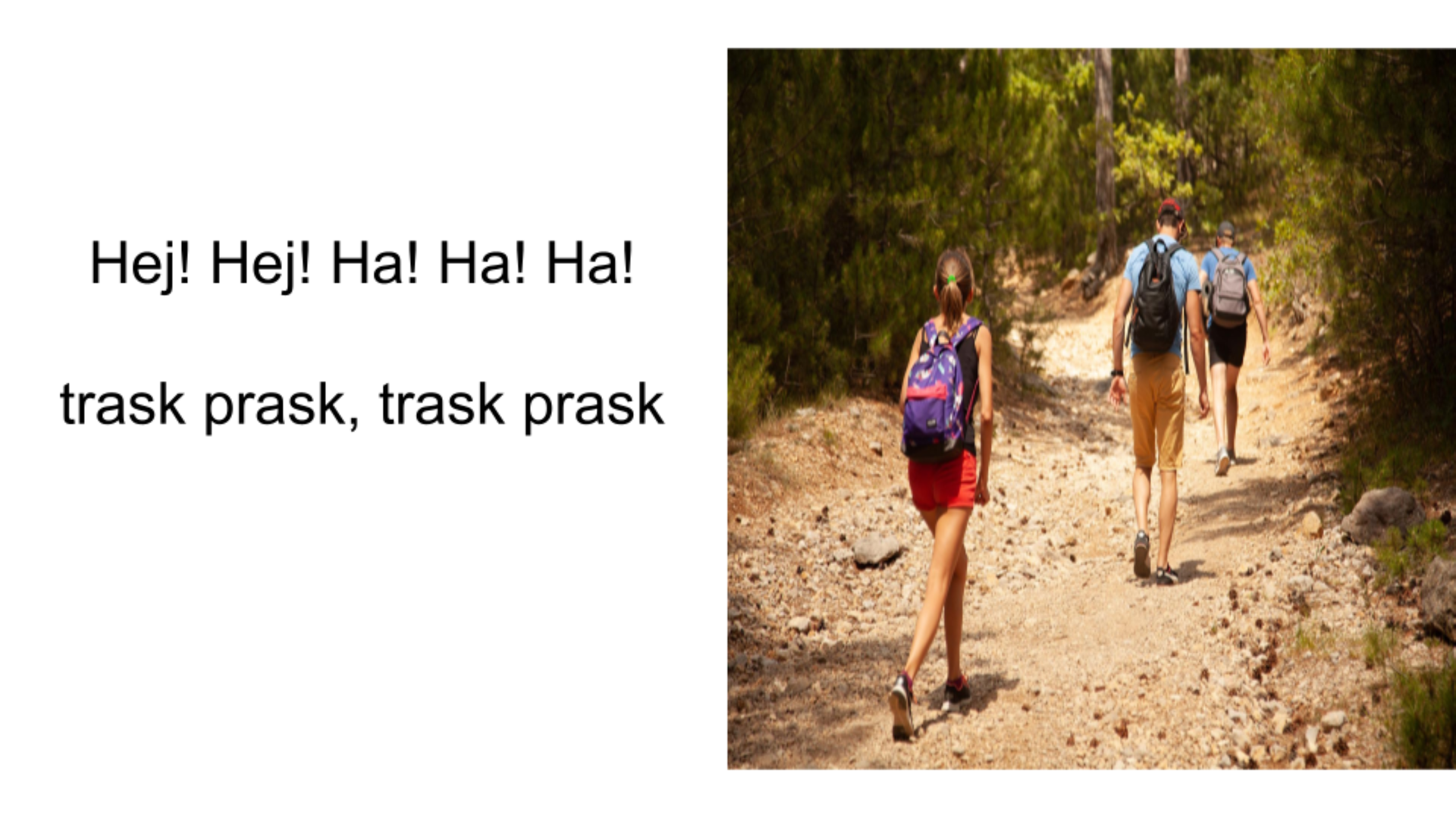 Slajd przedstawia kolorową fotografię po prawej stronie, która ukazuje dwóch chłopców i dziewczynkę idących gęsiego szlakiem turystycznym prowadzącym przez las. Każde z nich ma na sobie plecak. Ich twarze są niewidoczne, ponieważ są zwróceni tyłem do aparatu. Po lewej stronie slajdu na białym tle zamieszczony jest napis: Hej!, Hej!, Ha!, Ha!, Ha! trask, prask, trask, prask .