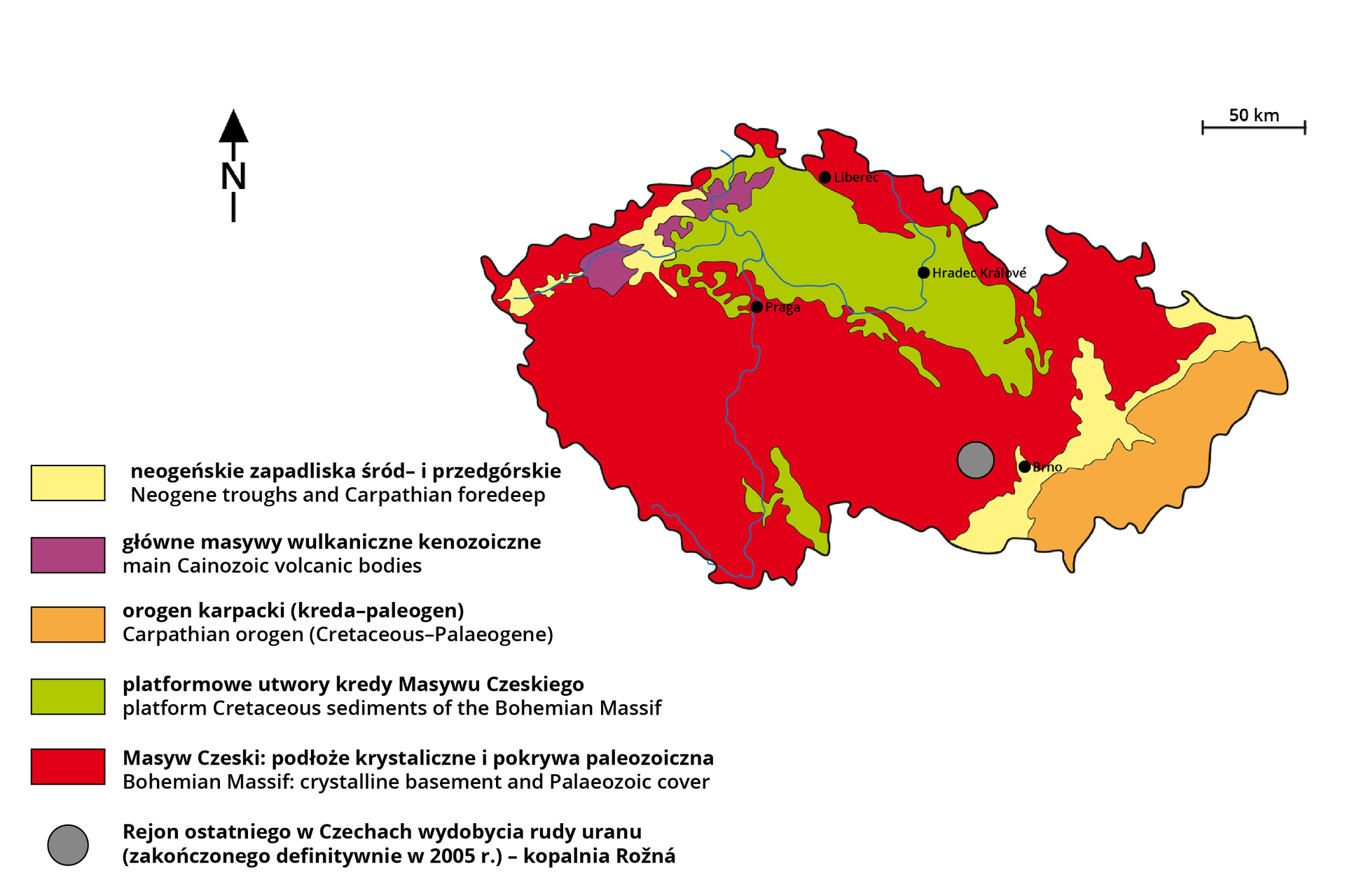 Mapa przedstawia budowę geologiczną Republiki Czeskiej. Większość terenu pokrywają utwory tworzące Masyw Czeski - są to podłoże krystaliczne i pokrywa paleozoiczna. Pas  na północy Czech, oprócz północno-wschodnich okolic miejscowości Liberec to platformowe utwory kredy Masywu Czeskiego.  Fragmentarycznie na północnym-zachodzie Czech występują główne masywy wulkaniczne kenozoiczne. Wschodnio-południowe tereny Czech to z kolei wąski pas neogeńskich zapadlisk śród- i przedgórskich, na następnie, przy samej granicy ze Słowacją pas orogenu karpackiego (kreda-paleogen).  W południowej części Czech, na zachód od Brna zaznaczono kopalnię Rożna, czyli rejon ostatniego w Czechach wydobycia rudy uranu, zakończonego definitywnie w 2005 roku.