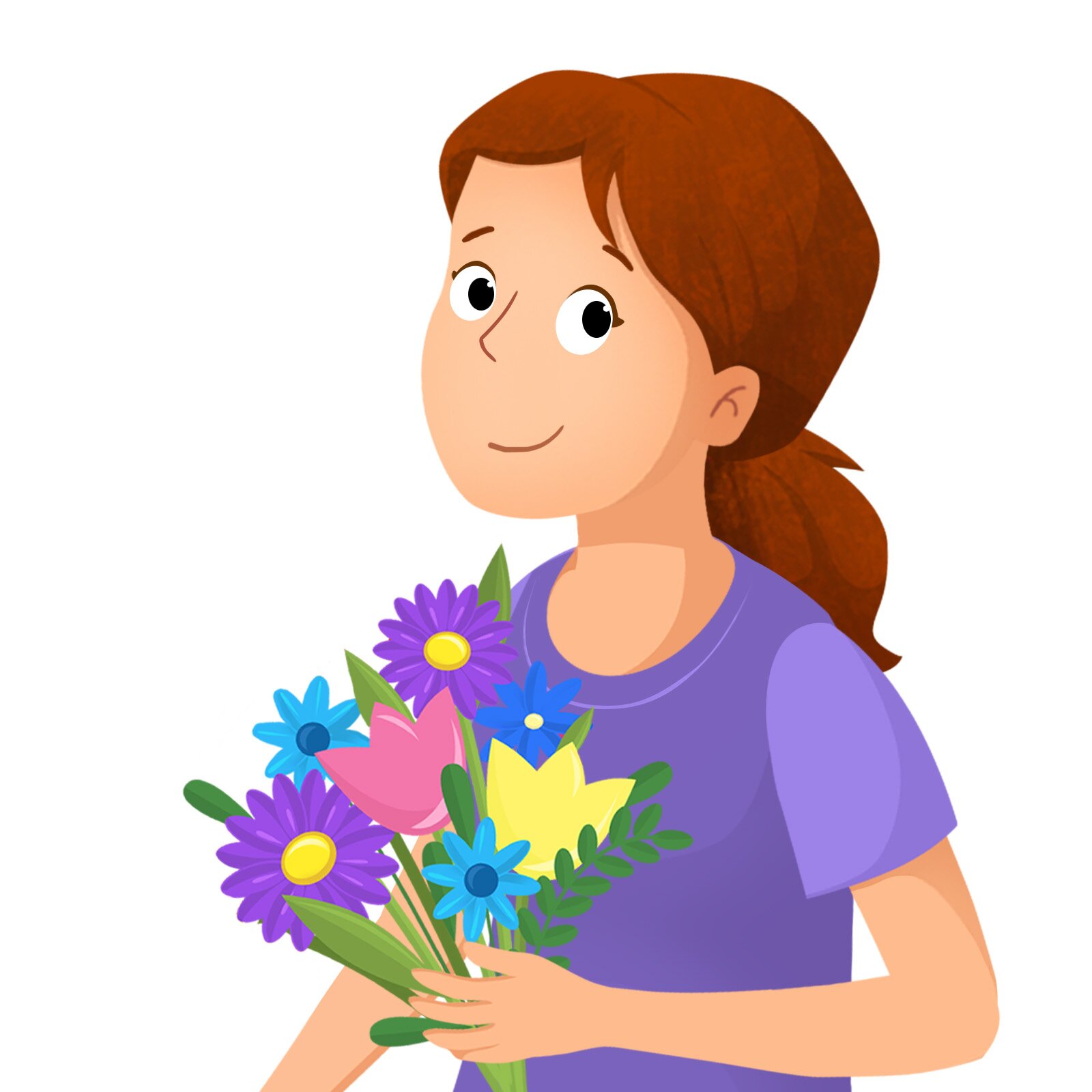 Ilustracja przedstawia mamę z bukietem kwiatów.