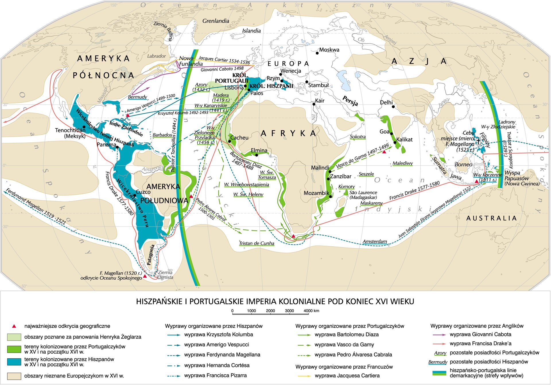 Grafika mapy przedstawiającej Hiszpańskie i portugalskie imperia kolonialne pod koniec XVI wieku.