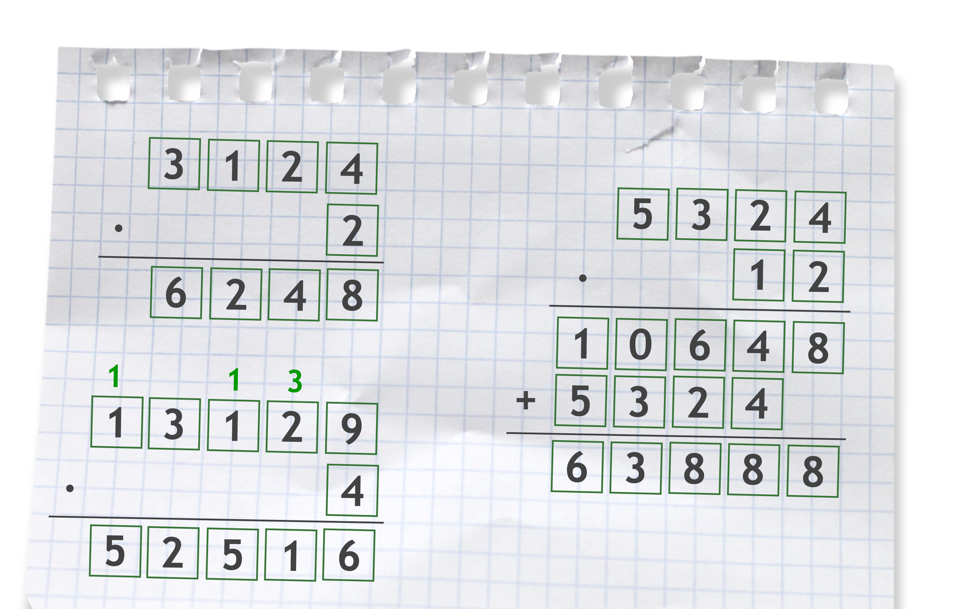 Na kartce w kratkę przedstawiono trzy przykłady mnożenia dwóch liczb sposobem pisemny. W górnym lewym rogu występuje pierwszy przykład. Zapisano liczbę trzy tysiące sto dwadzieścia cztery tak, że każda z cyfr znajduje się osobny kwadratowym polu. Pod nią zapisano liczbę dwa. Dodatkowo cyfry jedności obu liczb znajdują się jedna pod drugą. Obie liczby oddzielono poziomą kreską pod którą zapisujemy wynik Dokonujemy mnożenia tak, że każdą cyfrę pierwszej liczby przemnażamy przez dwa. Jeden kolumna jedności. dwa razy cztery daje osiem co stanowi cyfrę jedności szukanego wyniku. Dwa kolumna dziesiątek dwa razy dwa daje cztery co stanowi cyfrę dziesiątek szukanego wyniku. Trzy kolumna setek dwa razy jeden daje dwa co jest cyfrą setek szukanego wyniku. Cztery kolumna tysięcy dwa razy trzy daje nam sześć co stanowi liczbę tysięcy szukanego wyniku. Wówczas wynikiem jest liczba sześć tysięcy dwieście czterdzieści osiem. każda cyfra zapisana jest w osobnym kwadratowym polu. W lewym dolnym rogu znajduje się przykład drugim. Zapisano liczbę trzynaście tysięcy sto dwadzieścia dziewięć tak, że każda cyfra znajduje się w osobnym kwadratowym polu. Pod spodem zapisano liczbę cztery. Dodatkowo cyfra cztery znajduje się pod cyfrą jedności pierwszej liczby. Obie liczby oddzielono poziomą kreską pod którą zapisujemy wynik. Dokonujemy mnożenia tak, że każdą cyfrę pierwszej liczby przemnażamy przez cztery.  Jeden kolumna jedności. dziewięć razy cztery daje trzydzieści sześc. Cyfrę jedności liczby trzydzieści sześć zapisujemy jako cyfrę jedności szukanego wyniku, natomiast liczbę dziesiątek piszemy nad kolumną cyfr dziesiątek. Dwa Kolumna dziesiątek. cztery razy dwa to osiem. Dodajemy nadpisaną trójkę i otrzymujemy jedenaście. Cyfrę jedności liczby jedenaście zapisujemy jako cyfrę dziesiątek szukanego wyniku, cyfrę dziesiątek liczby jedenaście piszemy nad kolumną setek. Trzecia kolumna setek. Cztery razy jeden daje nam cztery. Dodajemy to wyniku jeden i otrzymujemy pięć co stanowi cyfrę setek szukanego wyniku. Cztery kolumna tysięcy. Cztery razy trzy daje nam dwanaście, cyfrę jedności liczby dwanaście zapisujemy jako cyfrę tysięcy szukanego wyniku, cyfrę dziesiątek liczby dwanaście zapisujemy nad kolumną dziesiątek tysięcy. Kolumna dziesiątek tysięcy. Cztery razy jeden daje nam cztery, dodajemy nadpisane jeden i dostajemy pięć czyli liczbę dziesiątek tysięcy szukanego wyniku. Wówczas wynik to pięćdziesiąt dwa pięćset szesnaście . Każda cyfra zapisana jest w osobnym kwadratowym polu. Po prawo znajduje się ostatni przykład. Zapiano liczbę pięć tysięcy trzysta dwadzieścia cztery tak, że każda cyfra znajduje się w osobnym kwadratowym polu. Pod nią zapisano liczbę dwanaście tak, że każda cyfra znajduje się w osobnym kwadratowym polu. Dodatkowo cyfry dziesiątek i jedności obu liczb znajdują się pod sobą czyli odpowiednią pod dwójką jest jedynka, a pod czwórką dwójka. Oddzielamy obie liczby poziomą kreską po którą będziemy zapisywać dalsze etapy mnożenia. Zaczynamy od mnożenia pierwszej liczby przez cyfrę jedności drugiej liczby czyli dwa. Zatem jeden kolumna jedności dwa razy cztery daje nam osiem co zapisujemy pod kreską po kolumna jedności. Dwa kolumna dziesiątek. dwa razy dwa daje nam cztery co zapisujemy pod kreską pod kolumną dziesiątek. Trzy kolumna setek. dwa razy trzy daje nam sześć co zapisujemy pod kreską pod kolumną setek. cztery kolumna tysięcy dwa razy pięć daje nam dziesięć co zapisujemy pod kreską tak, że zero znajduje się pod kolumną tysięcy a jedynka przed zerem. Otrzymaliśmy w ten sposób liczbę dziesięć tysięcy sześćset czterdzieści osiem. Dokonamy teraz mnożenia pierwszej liczby przez cyfrę dziesiątek drugiej liczby czyli jeden. Każdy wynik będziemy zapisywać z przesunięciem o jedno miejsce w lewo pod liczbą otrzymaną z pierwszego etapu mnożenia. Zatem jeden kolumna jedności. jeden razy cztery to cztery co zapisujemy pod czwórką. Dwa kolumna dziesiątek. Jeden razy dwa równa się dwa co zapisujemy szóstką. Trzy kolumna setek. jeden razy trzy równa się trzy i zapisujemy to pod zerem. Czwarta kolumna jeden razy pięć równa się pięć co zapisujemy pod jedynką. Otrzymaliśmy w ten sposób liczbę pięć tysięcy trzysta dwadzieścia cztery. Oddzielamy dwie liczby od siebie i dodajemy sposobem pisemnym. Pod cyfra jedności pierwszej cyfry nie znajduje się nic, zatem osiem stanowi cyfrę jedności szukanego wyniku. następnie cztery plus cztery to osiem co stanowi cyfrę dziesiątek szukanego wyniku, dalej sześć plus dwa daje nam osiem do stanowi cyfrę setek szukanego wyniku, potem zero dodać trzy daje nam trzy co stanowi cyfrę tysięcy szukanego wyniku oraz jeden dodać pięć to razem sześć co stanowi cyfrę dziesiątek tysięcy szukanego wyniku. Wówczas wynik to sześćdziesiąt trzy tysiące osiemset osiemdziesiąt osiem.