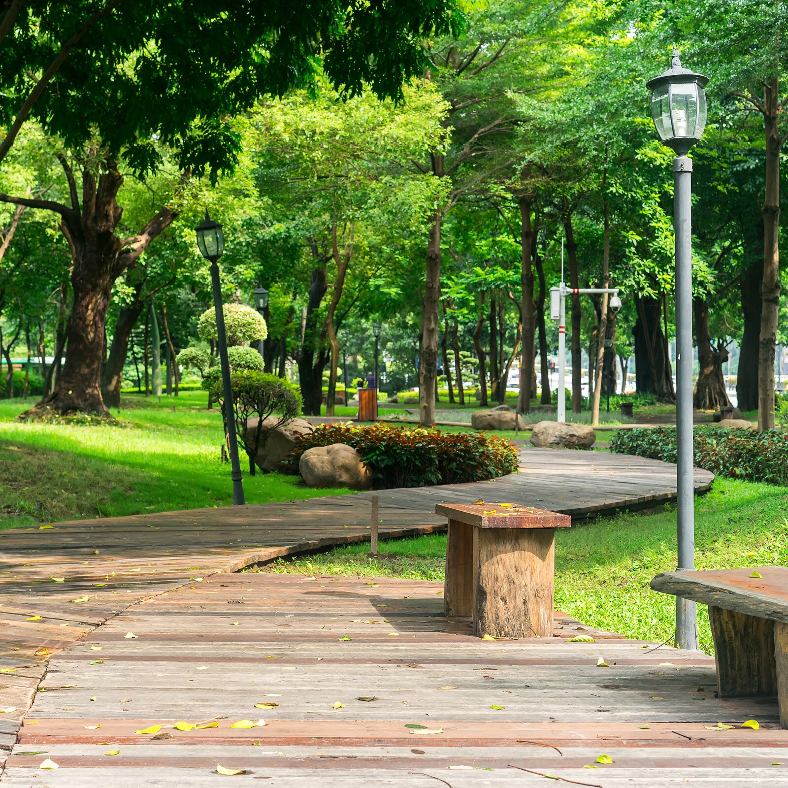Na zdjęciu widzimy park z drewnianym deptakiem, drewnianymi ławkami i pionowymi lampami.