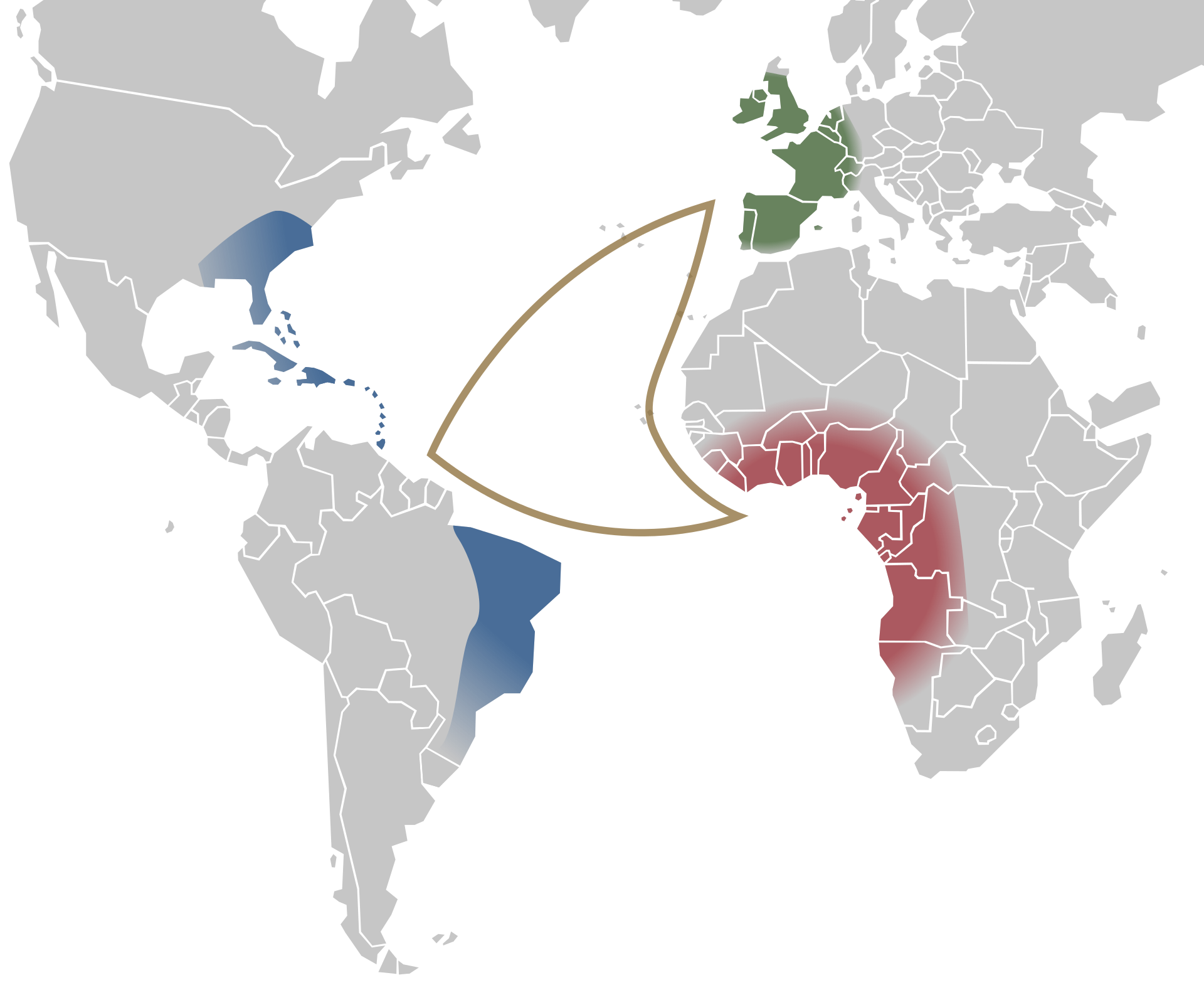 Ilustracja przedstawia mapę, gdzie widać Amerykę Północną i Południową oraz Europę i Afrykę. Pomiędzy nimi ocean, na którym narysowano trójkąt, pokazujący trasy morskie łączące te kontynenty. Połączone są: Europa Zachodnia, zachodni brzeg Afryki, wschodni brzeg Ameryki Południowej, wyspy Ameryki Środkowej oraz wschodni brzeg Ameryki Północnej.