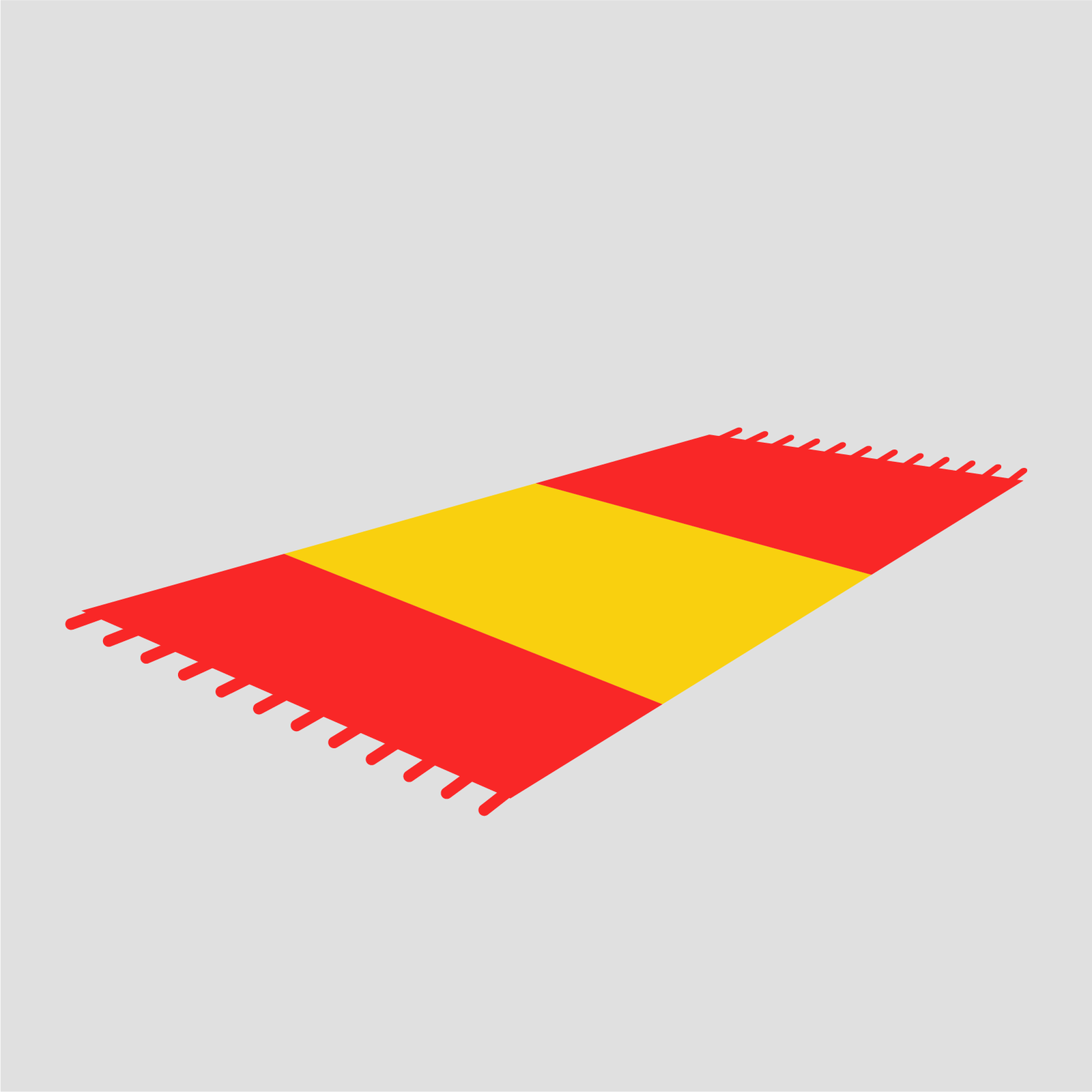 Ilustracja przedstawia czerwony koc plażowy z frędzlami i żółtym pasem po środku.