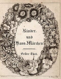 Ilustracja przedstawia stronę tytułową książki, na której widnieje napis w języku niemieckim. Napis otoczony jest okrągłą ramką w kształcie wieńca z różnych roślin i kwiatów. 