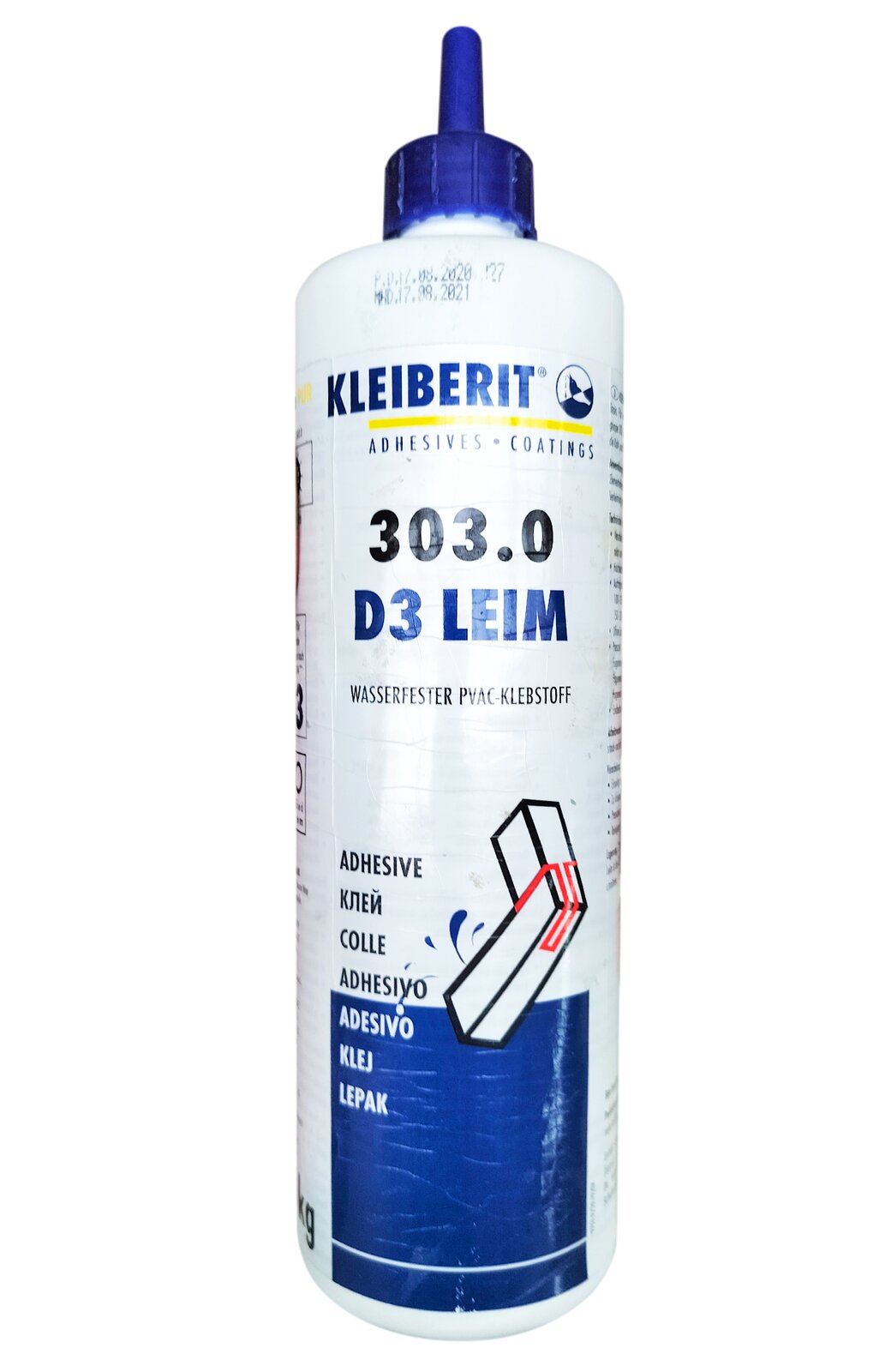 Zdjęcie przedstawia klej do drewna stosowany w stolarce oraz korekcie pianin i fortepianów. Widoczna jest biała butelka z niebieską nakrętką oraz cylindrycznym pionowym, niebieskim elementem dozującym pośrodku nakrętki. Na butelce widoczna jest biała etykieta z niebieskimi napisami i rysunkami.