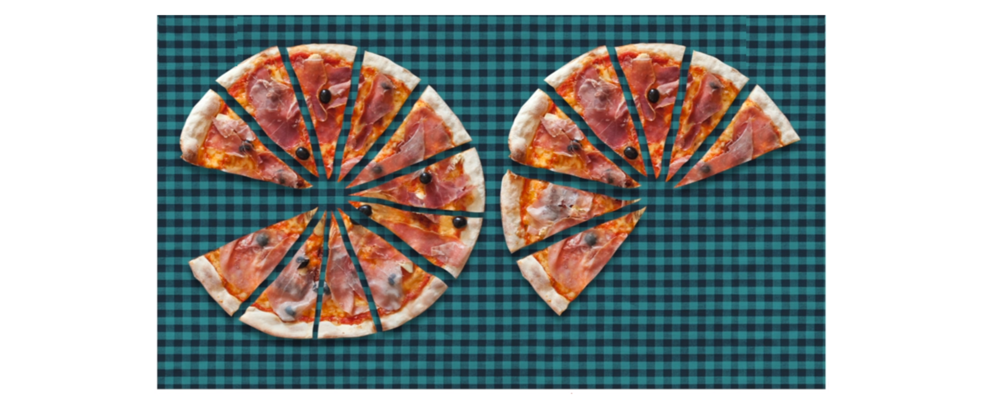 Dwie pizze podzielone na dwanaście równych części. Na rysunku przedstawione jest zdjęcie części dwóch okrągłych jednakowych pizz z podzielonych na 12 równych części każda.