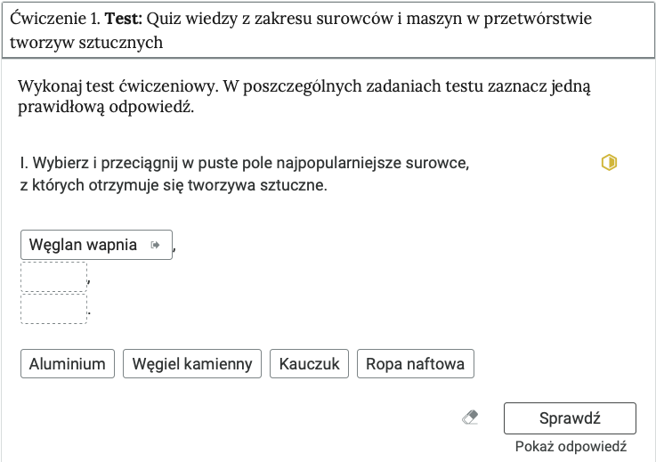 Ilustracja przedstawia przykładowe ćwiczenie. To ćwiczenie 1. Test. Pokazano pierwsze zadanie z testu. To ćwiczenie na przeciąganie prawidłowych odpowiedzi.