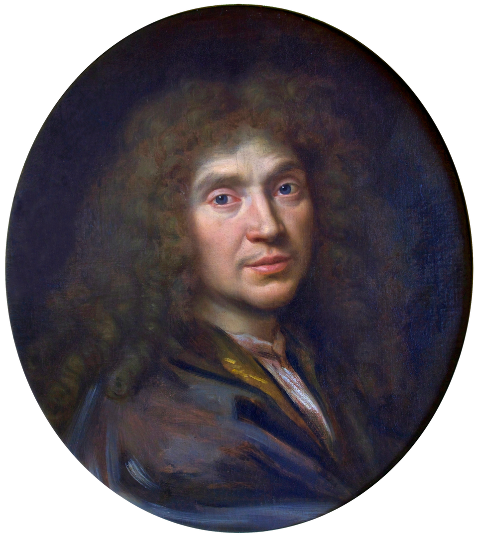 Obraz przedstawia portret Moliera jako młodego mężczyznę z burzą kręconych włosów, w granatowym stroju.