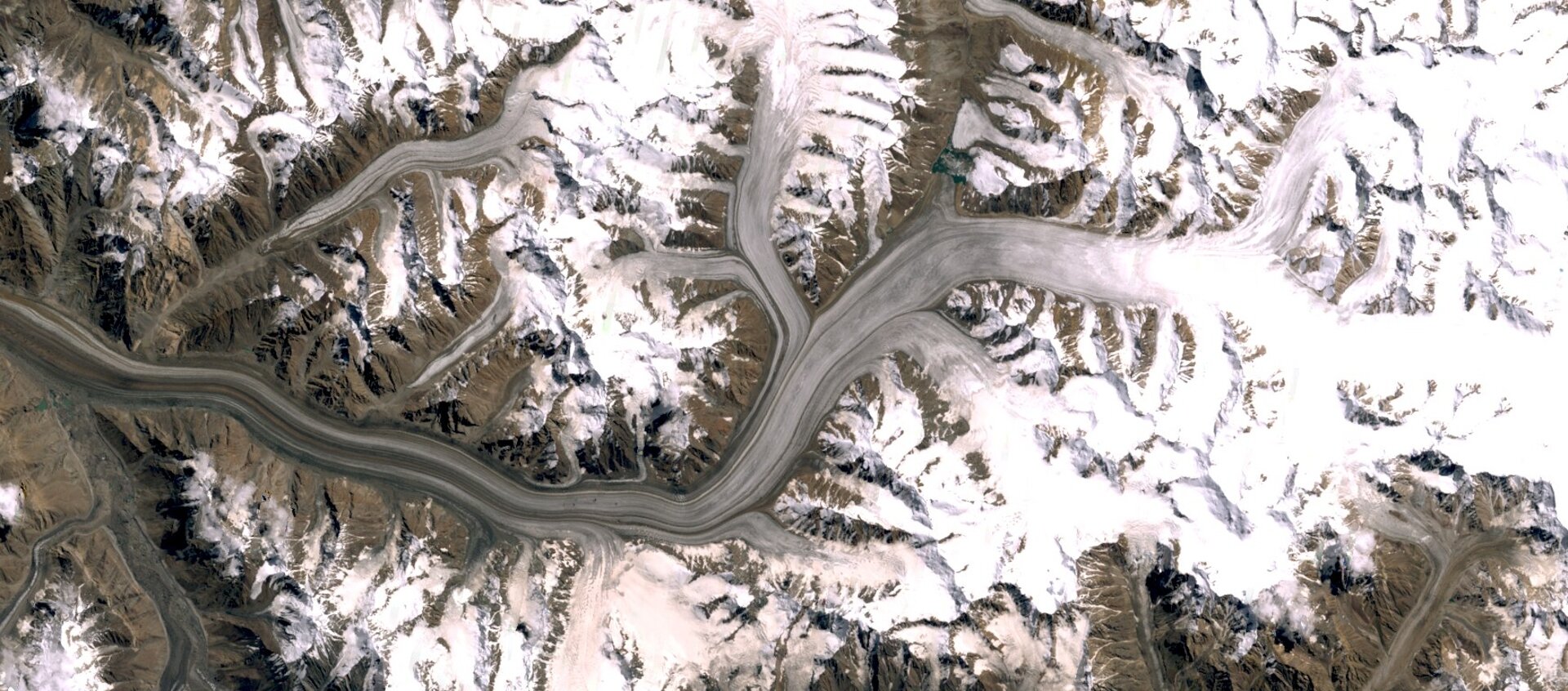 Na zdjęciu satelitarnym teren górzysty. Szczyty gór pokryte śniegiem. W dolinie po prawej stronie biały pas zmrożonego śniegu przechodzący w szary po lewej stronie zdjęcia. Z mniejszych dolin w kierunku głównego lodowca spływają mniejsze jęzory.