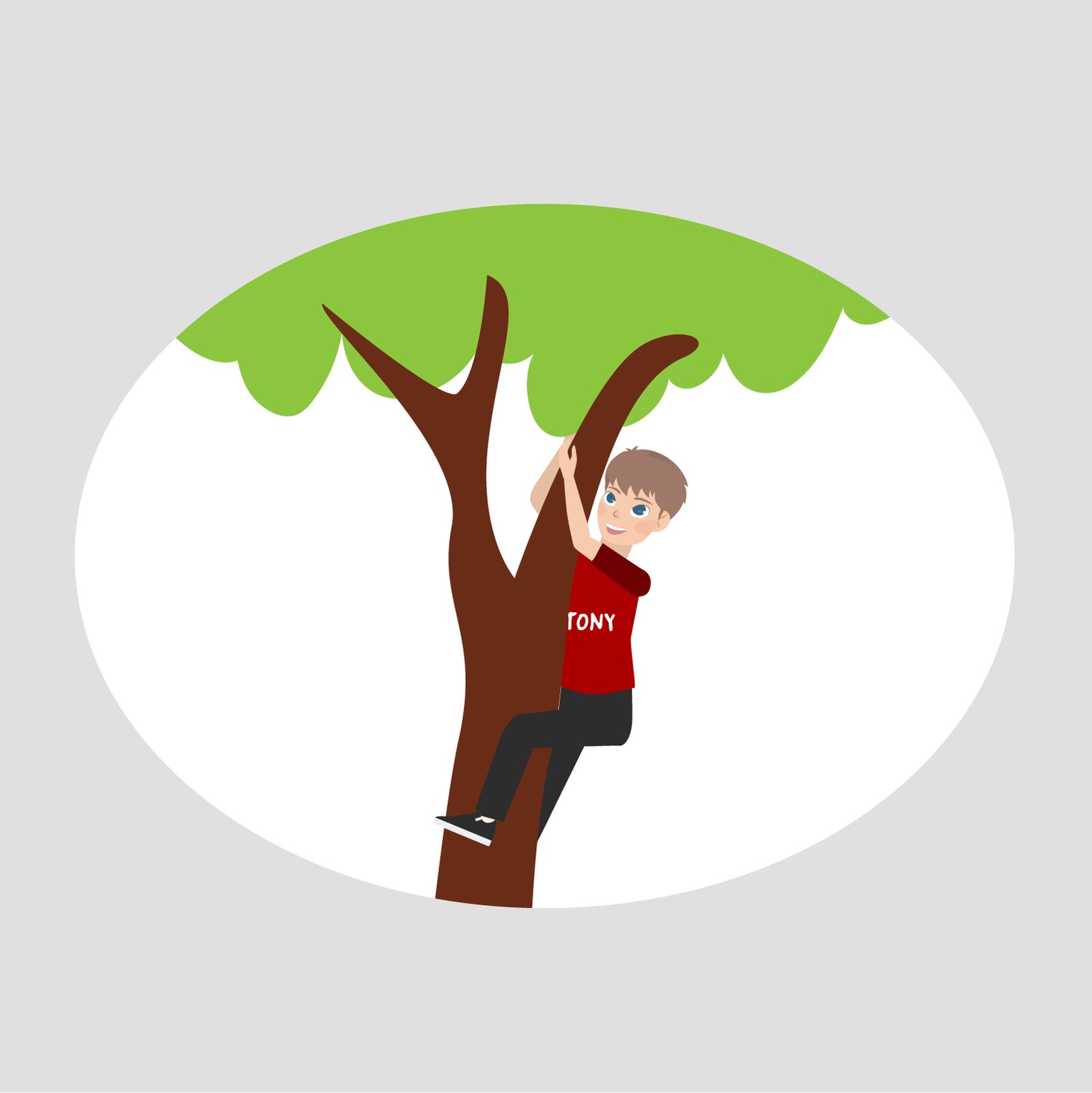 Ilustracja przedstawia chłopca o imieniu Tony wspinającego się na drzewo.