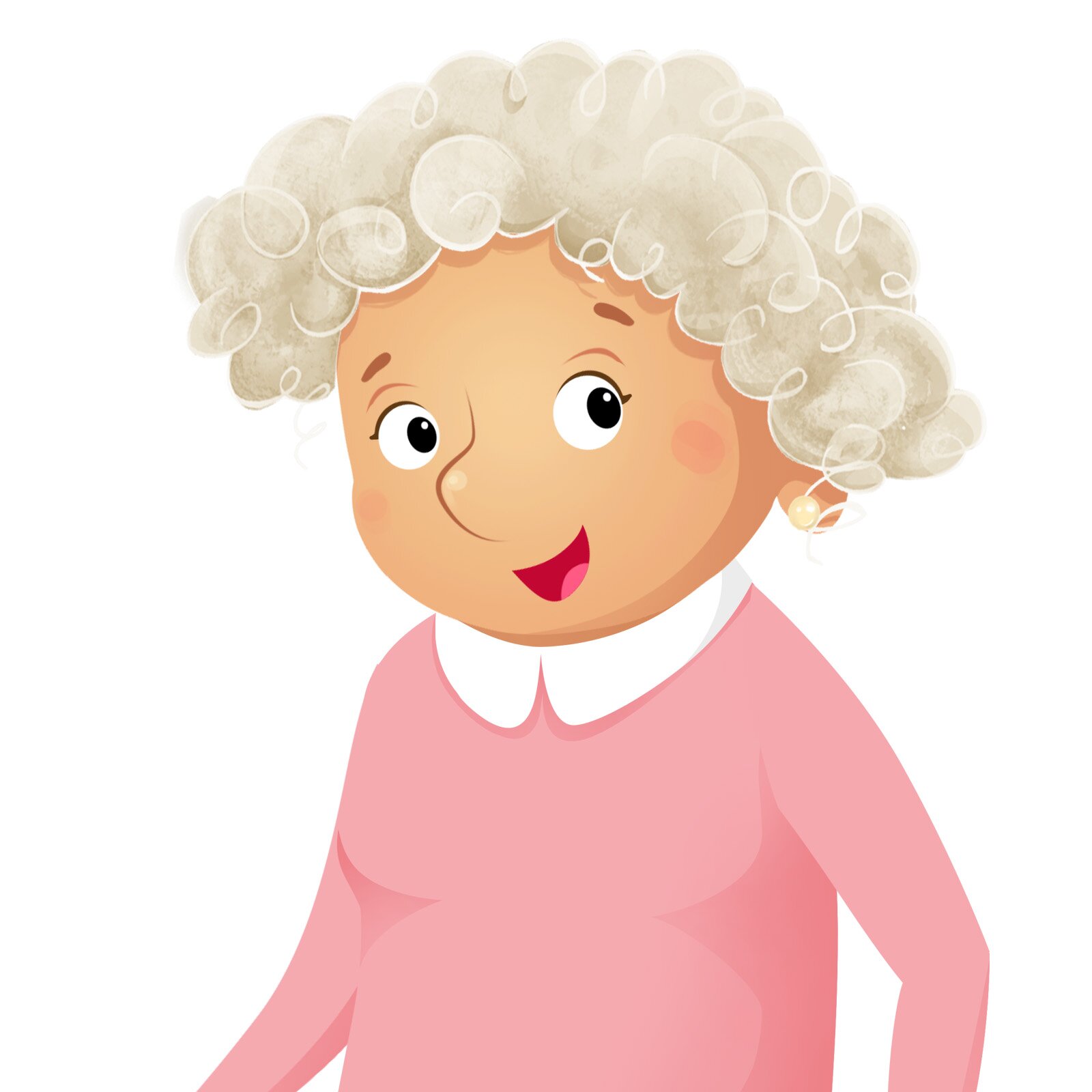 Ilustracja przedstawia uśmiechniętą babcię w różowym swetrze.