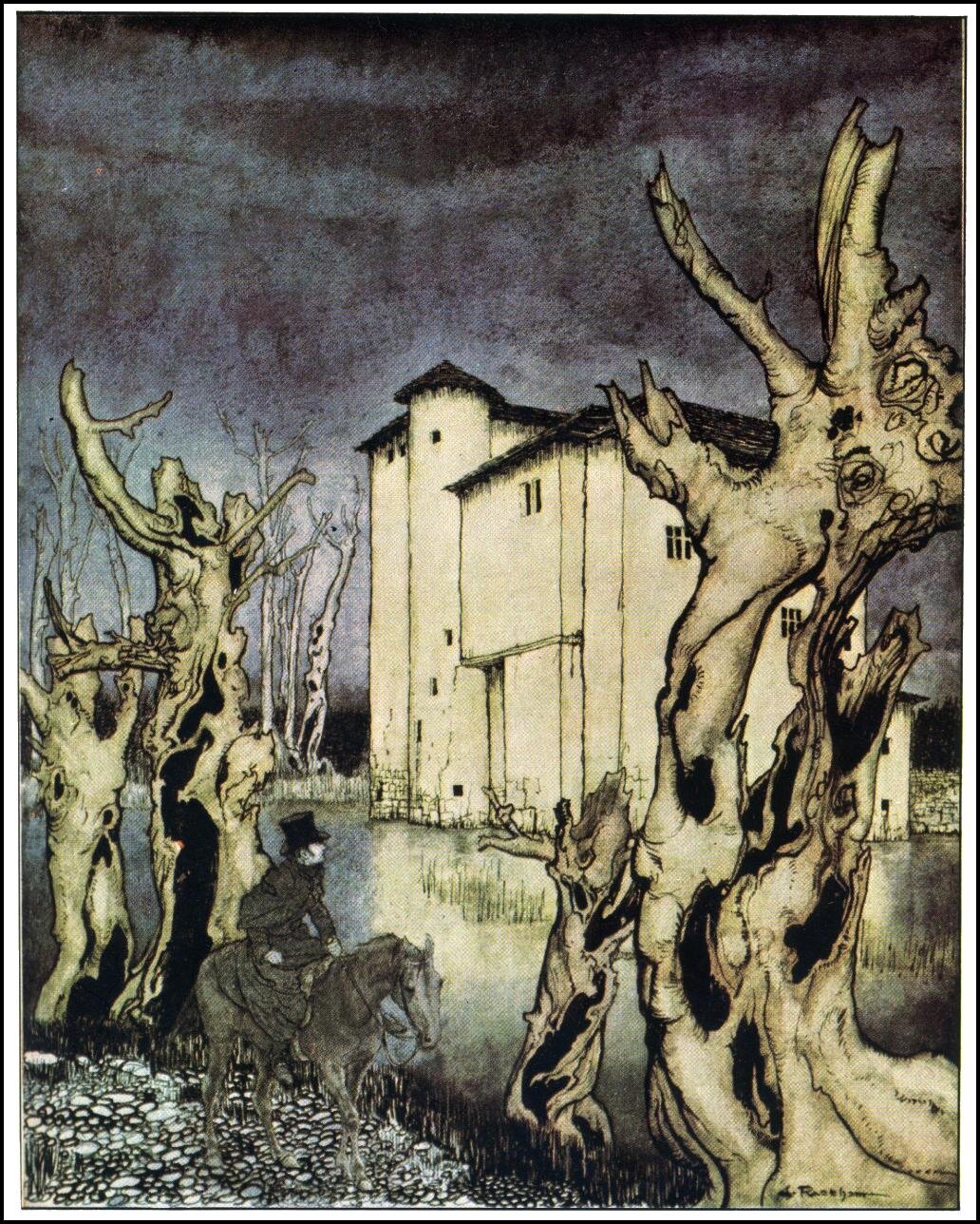 Obraz przedstawia masywny, duży dom z wieżyczką, który otoczony jest wodą. Brzeg wody porastają pokrzywione nienaturalnie, spróchniałe konary drzew. Przypominają one nieco ludzkie postacie z wyciągniętymi do góry rękami. Domowi przygląda się z brzegu mężczyzna jadący konno. Kolorystyka obrazu jest stonowana, niebo ciemne, zachmurzone.