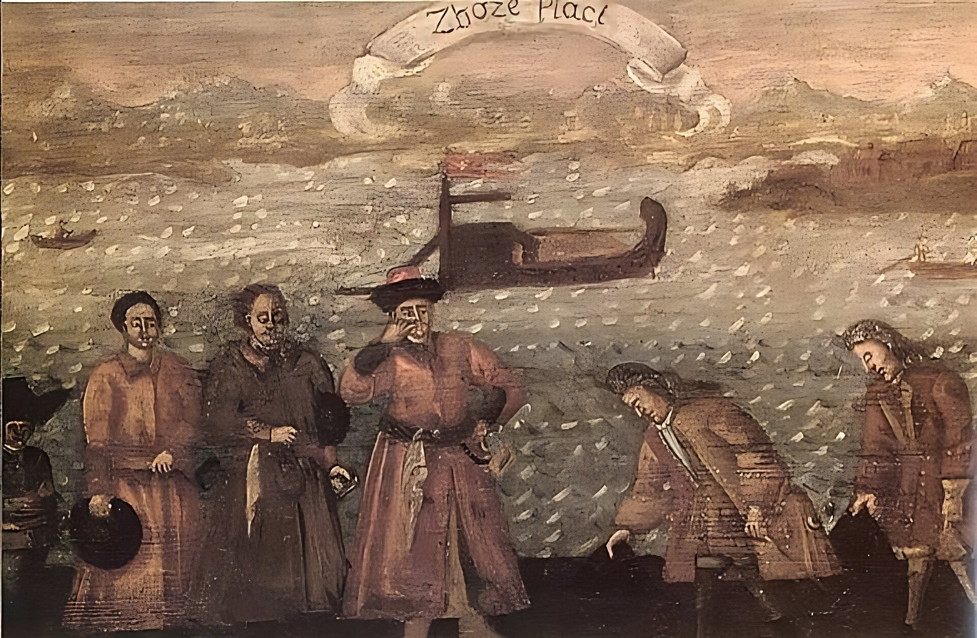 Na ilustracji rysunek. Na górze napis: Zboże  płaci. Rysunek przedstawia dwie grupy mężczyzn. Pierwsza z nich to mężczyźni w strojach szlacheckich, druga to mężczyźni w strojach zachodnich kupców. Kupcy nisko kłaniają się szlachcie. W tle widać morze i płynące po nim statki.