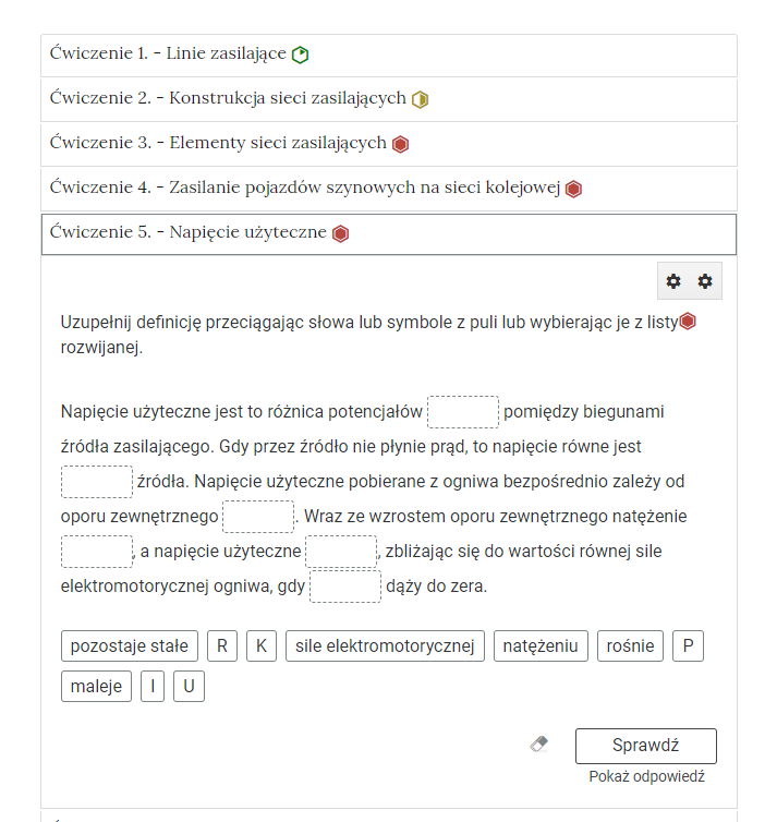 Zrzut ekranu przedstawia przykładowy wygląd zadania. Na zdjęciu widoczna jest rozwinięta zakładka z ćwiczeniem trzecim. W zakładce zawarte jest zadanie polegające na połączeniu w pary definicji z ich wytłumaczeniami.