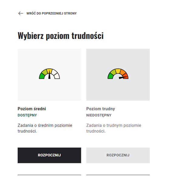 Ekran z wyborem poziomu trudności