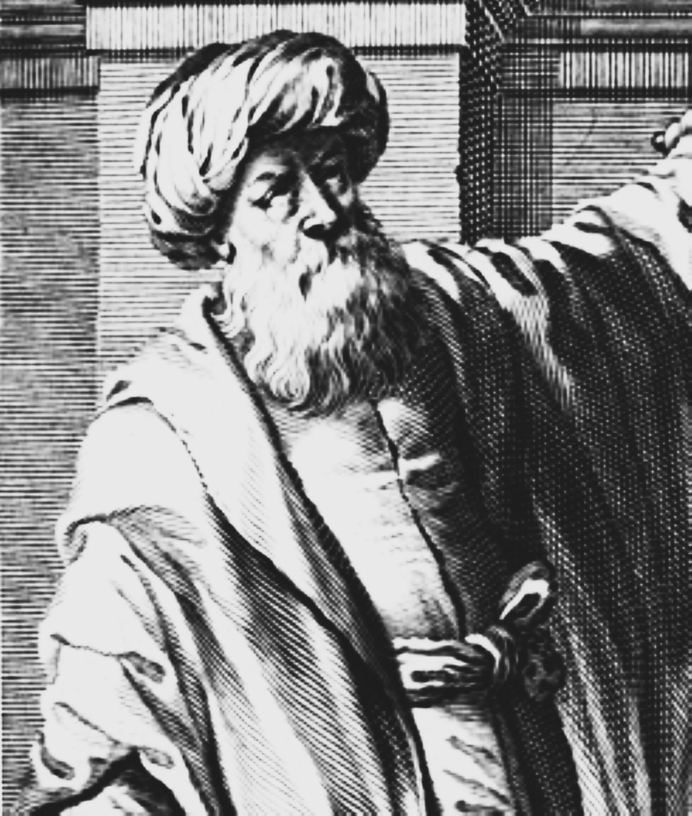 Wizerunek Ibn al‑Hajsama przedstawiony na drzeworycie z XVII w. Ukazuje starca z długą brodą w turbanie i bogatej szacie, przepasanej w pasie. Postać przechylona jest lekko do tyłu, z lewą ręką wzniesioną, wzrok ma skierowany w górę.