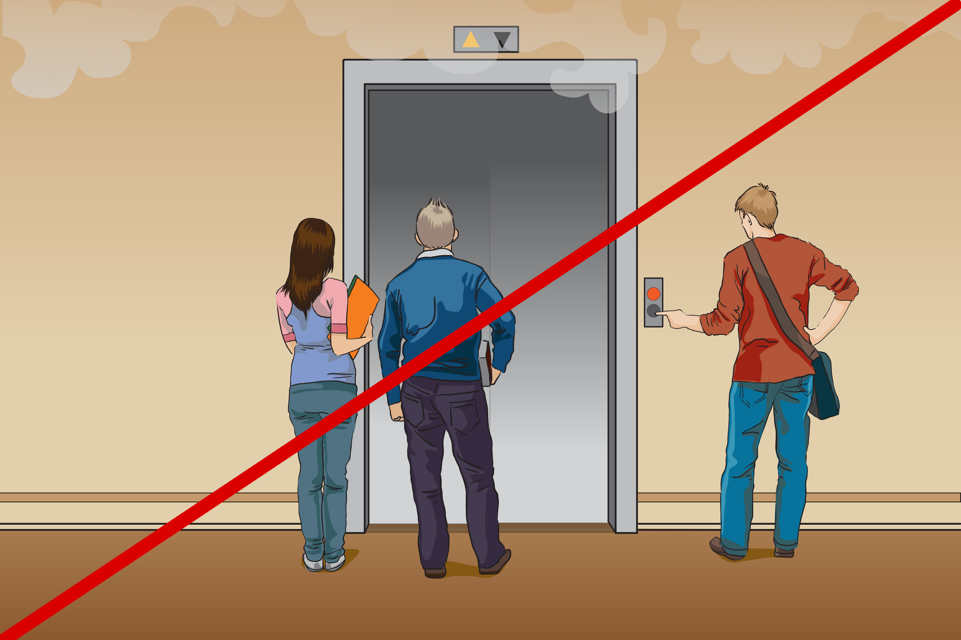 Ilustracja przedstawia sytuację, w której uczniowie stoją przed drzwiami windy chcąc z niej skorzystać. Widoczny jest też dym unoszący się pod sufitem. Rysunek jest przekreślony czerwoną kreską na znak, że w tej sytuacji jest to postępowanie niedopuszczalne. W trakcie ewakuacji nie należy korzystać z wind.