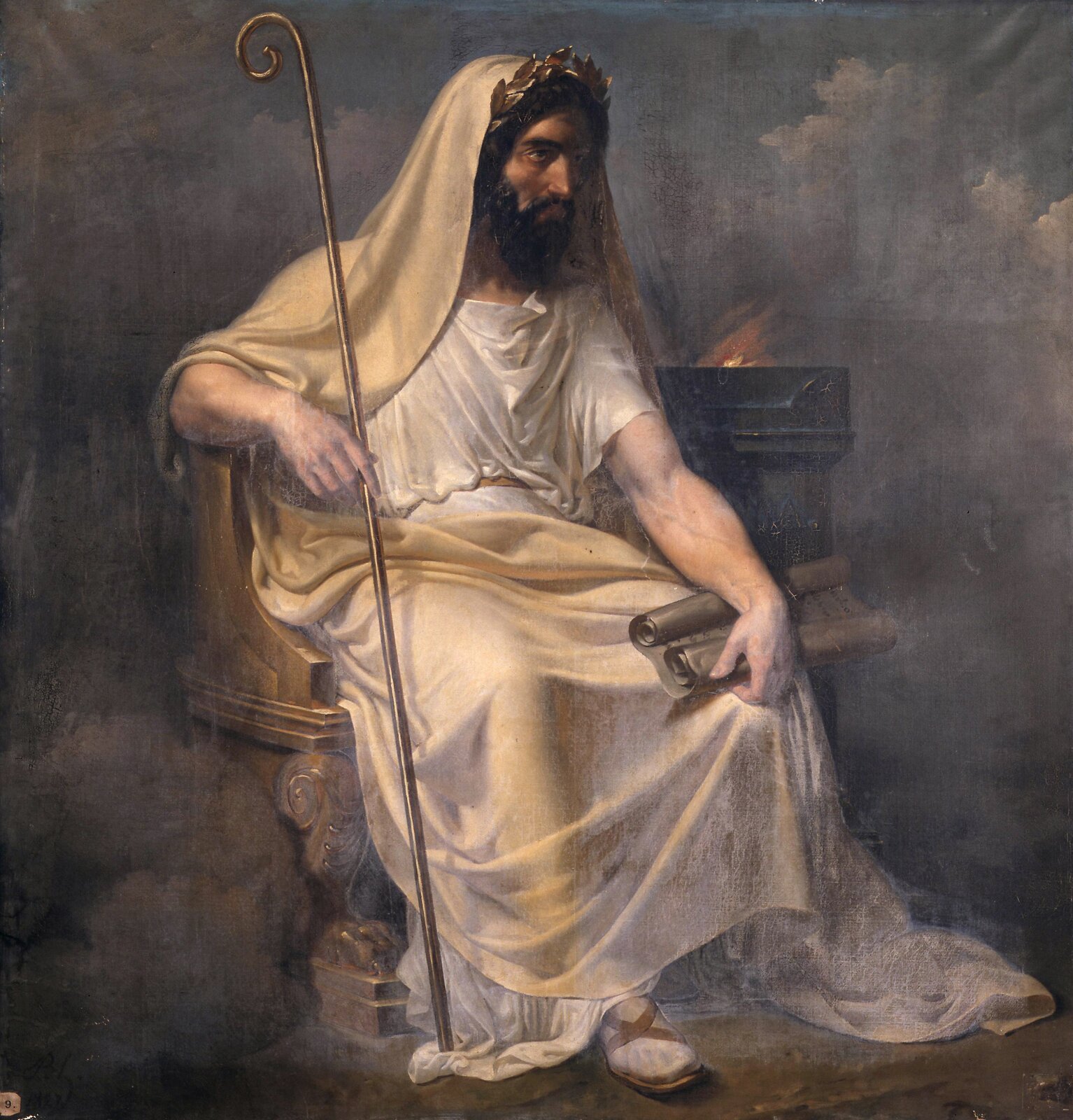 Kolorowa ilustracja przedstawia dzieło Merry-Joseph Blondelm’a pt. „Numa Pompiliusz. W centrum obrazu, na drewnianym ozdobnym tronie, siedzi mężczyzna. Jest on ubrany w jasną przepasaną tunikę, na nią ma zarzucony żółtawy płaszcz, który osłania również jego głowę. Na czole ma wieniec. Mężczyzna ma ciemne włosy i zarost. W prawej ręce trzyma zakrzywioną ku górze laskę, lewą podtrzymuje zwój. Przez ciemne tło obrazu przebijają chmury i blade, ledwo widoczne promienie słońca.