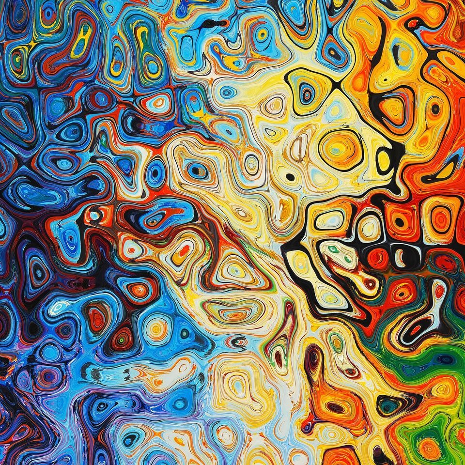 Ilustracja przedstawia abstrakcję. To różnokolorowe plamy przypominające okręgi, kwadraty, owale.   