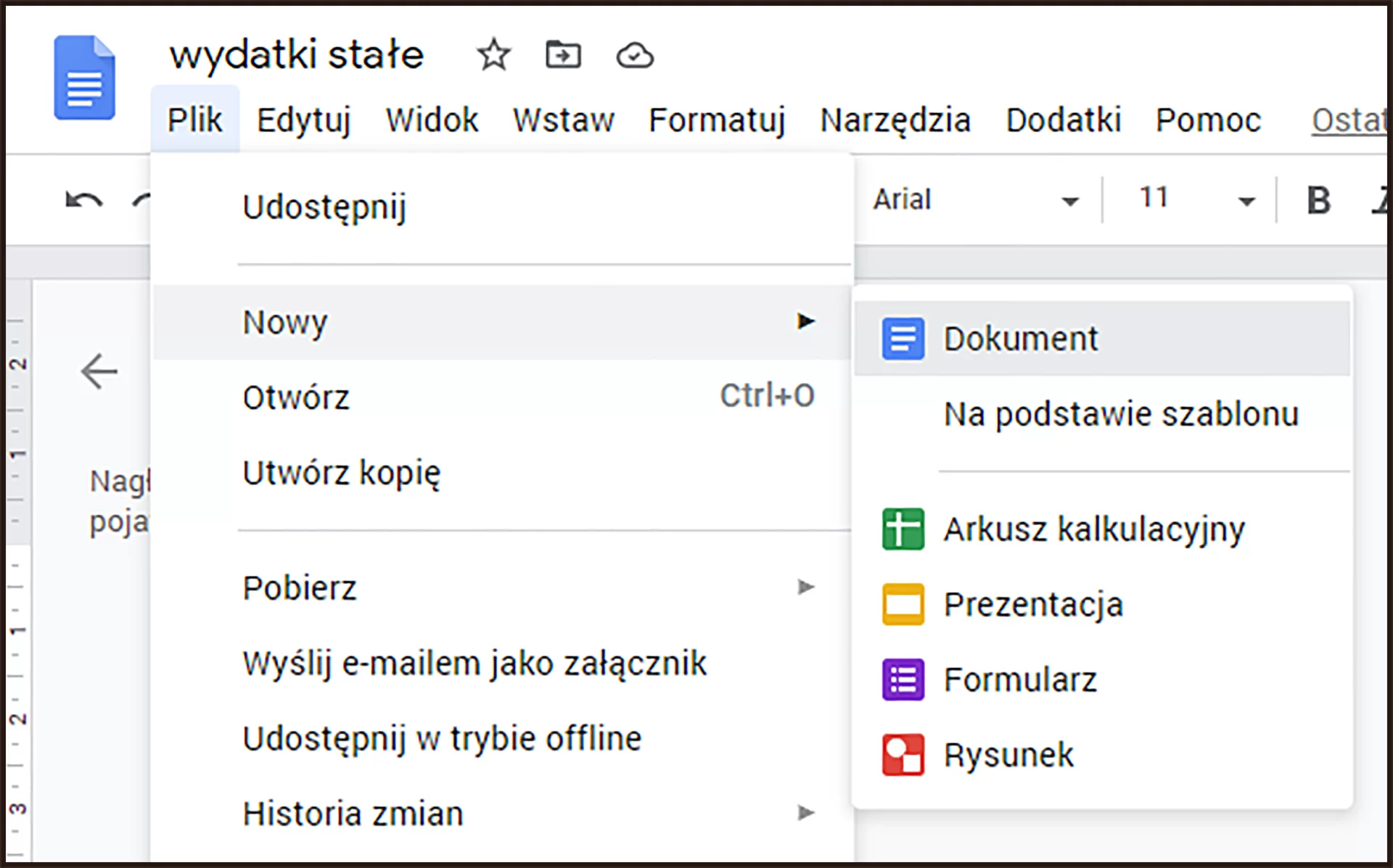 Ilustracja przedstawiająca tworzenie nowego dokumentu w aplikacji Dokumenty Google. Z górnego menu wybrano Plik, następnie Nowy, następnie Dokument.