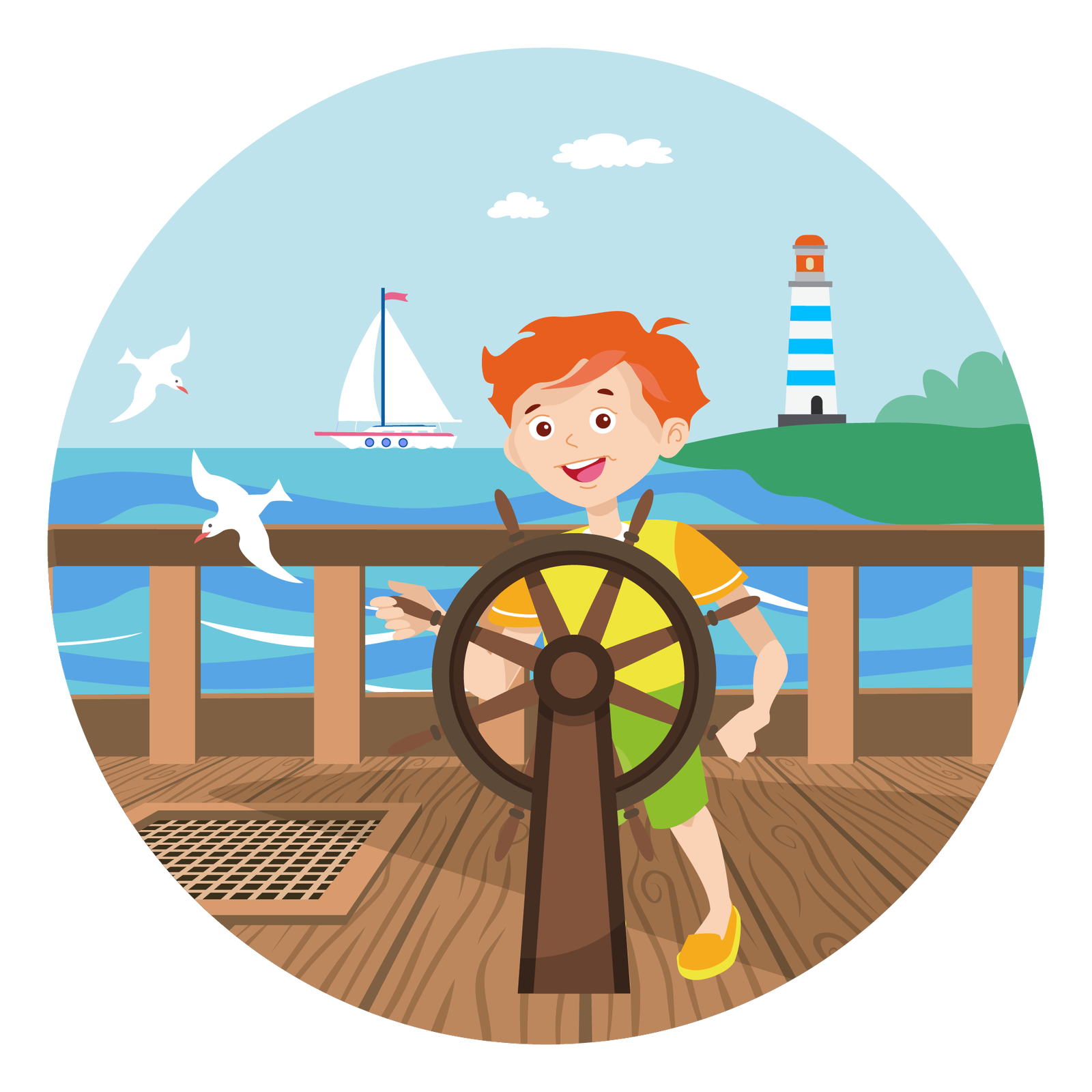 Ilustracja przedstawia morski krajobraz. W tle widać błękitne niebo z dwiema chmurami. Po prawej stronie jest widoczny w oddali fragment lądu, na którym stoi biało‑niebiesko‑czerwona latarnia morska. Po lewej stronie płynie po morzu biała żaglówka, a obok niej latają nad wodą dwie białe mewy. Na pierwszym planie jest widoczny fragment drewnianego pokładu statku. Po prawej stronie pokładu jest duży, okrągły drewniany ster, przy którym stoi Franek. Jest ubrany w żółtą koszulkę z krótkimi pomarańczowymi rękawami, krótkie jasnozielone spodnie i pomarańczowe buty z żółtymi podeszwami. Trzyma ster rękami i się uśmiecha.