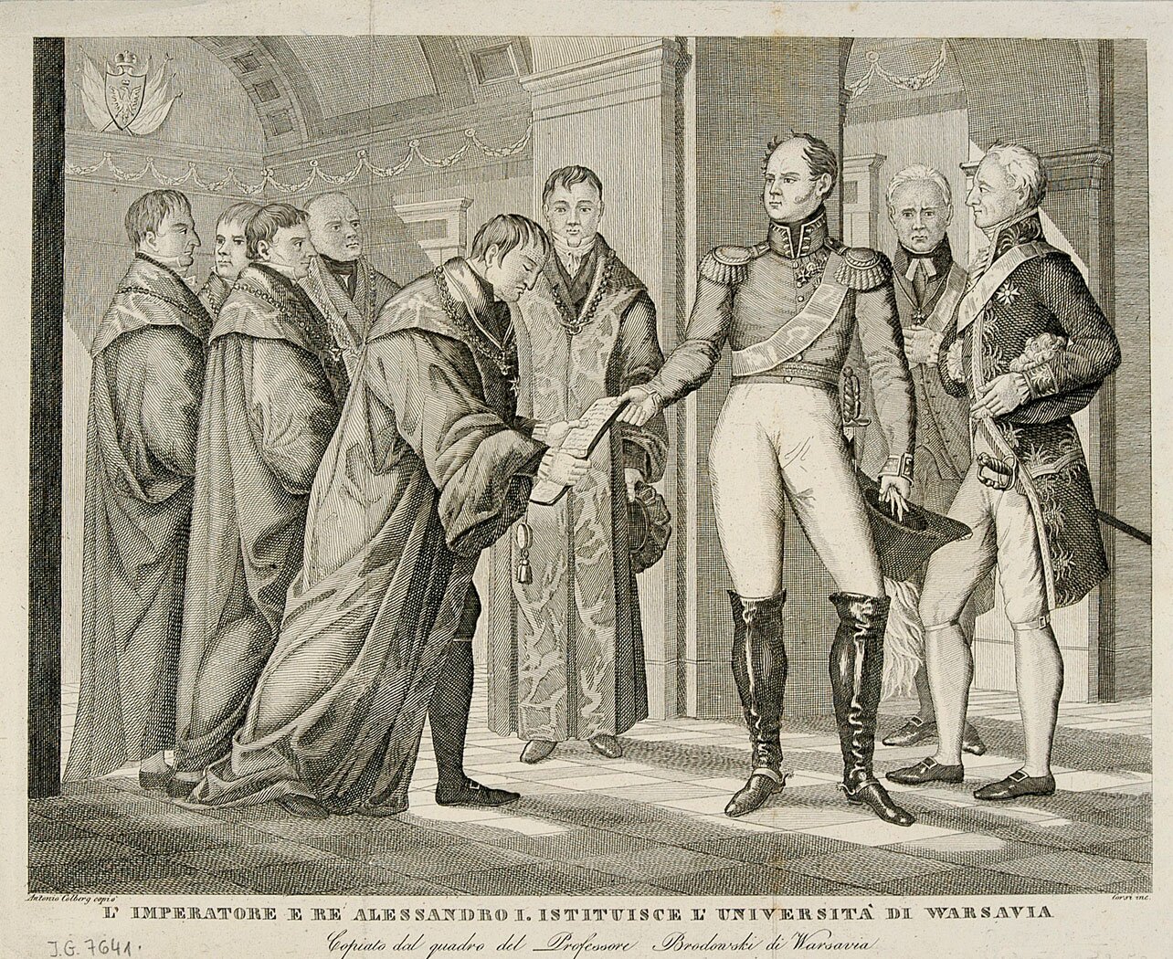 Obraz przedstawia scenę rodzajową. W sali pałacowej zgromadzona jest grupa mężczyzn. Na pierwszym planie widać postać cara Aleksandra I, który wręcza mężczyźnie w todze kartę papieru. Scenie przygląda się pięciu mężczyzn w togach, jeden wojskowy i jeden mężczyzna w dworskim stroju.