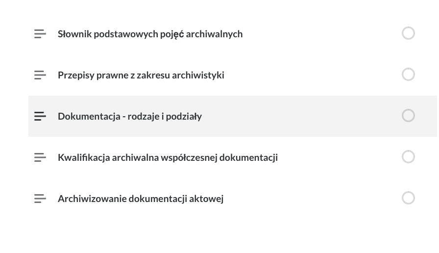 Widok spisu treści atlasu interaktywnego Pojęcia i zagadnienia związane z opracowywaniem akt