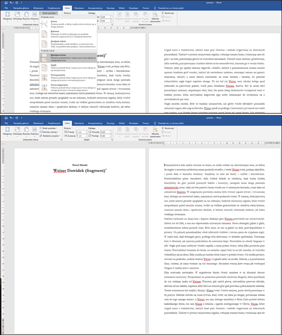 Ilustracja składająca się z dwóch części, zawierająca zrzuty ekranu z programu Word. Na górze ilustracji wyświetlono listę dotyczącą podziału strony i sekcji, znajdującą się w karcie Układ pod przyciskiem Znaki podziału. Lista zawiera następujące pozycje: Strona, Kolumna, Zawijanie tekstu, Następna strona, Ciągły, Strona parzysta oraz Strona nieparzysta. Na drugim zrzucie ekranu, w obszarze roboczym programu Word znajdują się dwie strony obok siebie: pierwsza tytułowa i druga z tekstem. 