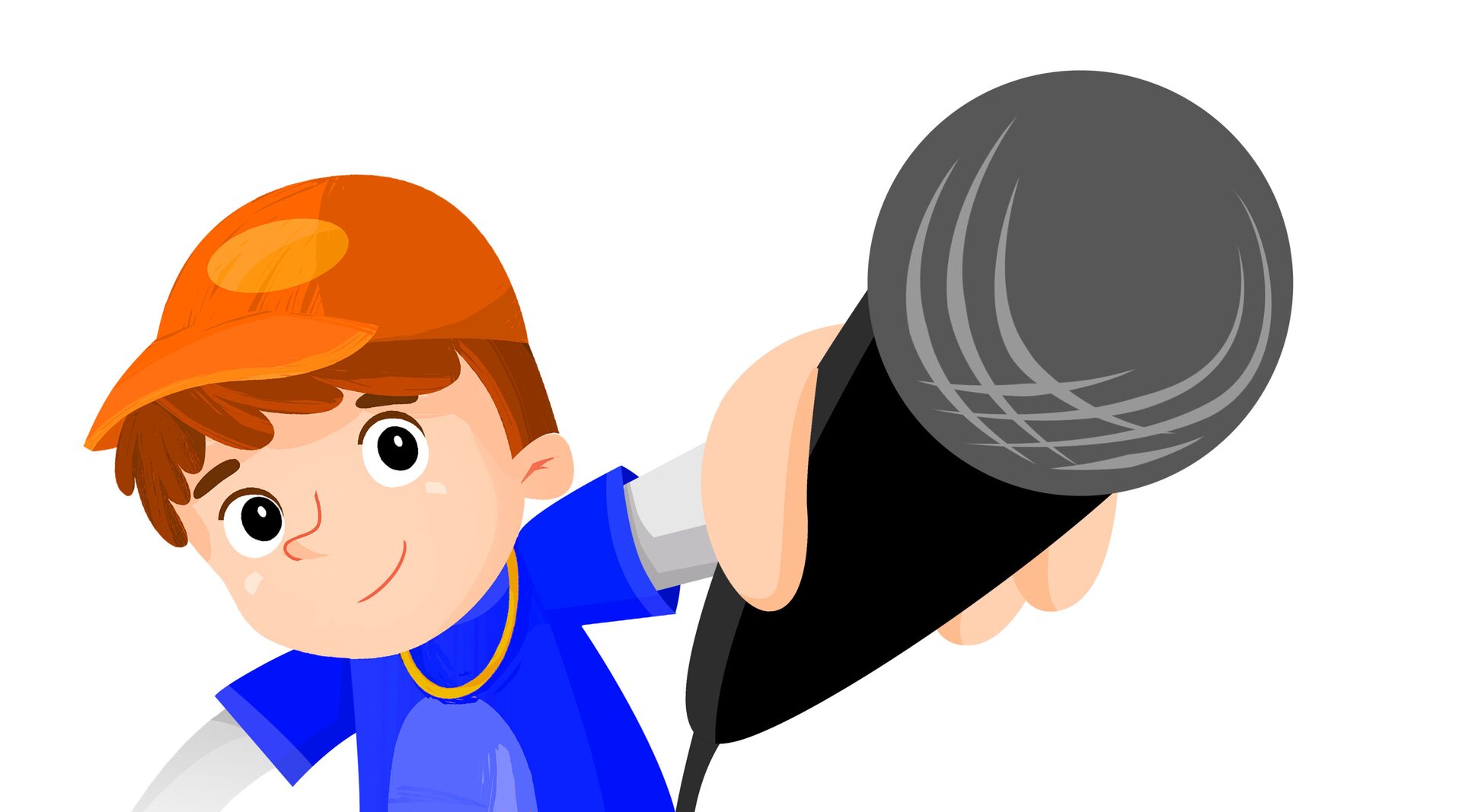 Ilustracja przedstawia chłopca w czapce z daszkiem, który wyciąga mikrofon w stronę ekranu.