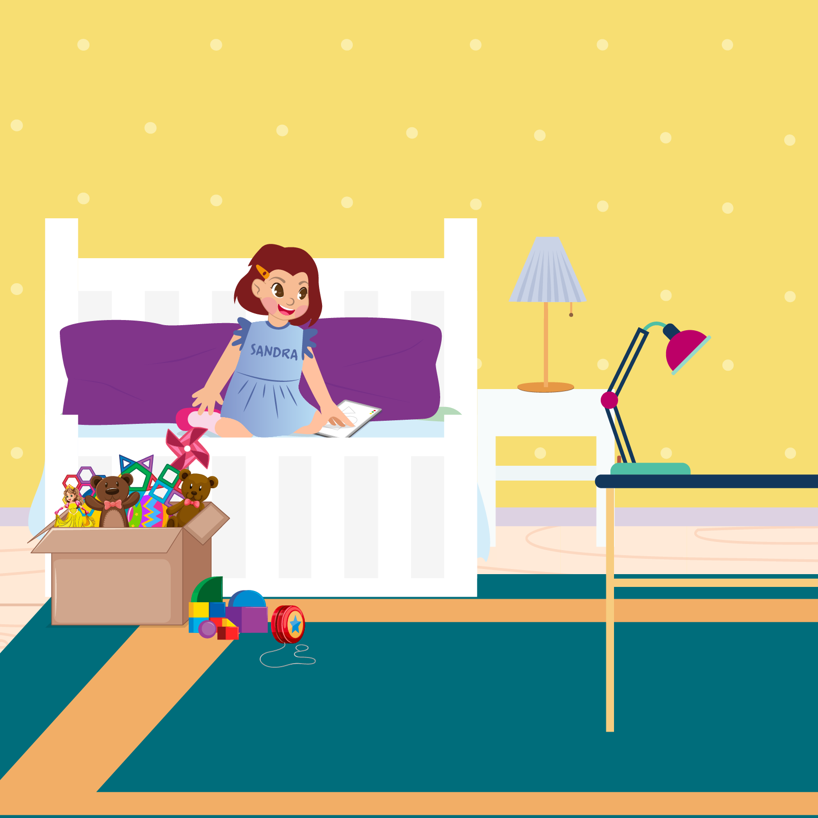 Ilustracja ukazuje pokój dziecięcy, w którym na łożku siedzi mała Sandra i trzyma tablet. Obok łóżka stoi karton z zabawkami. 