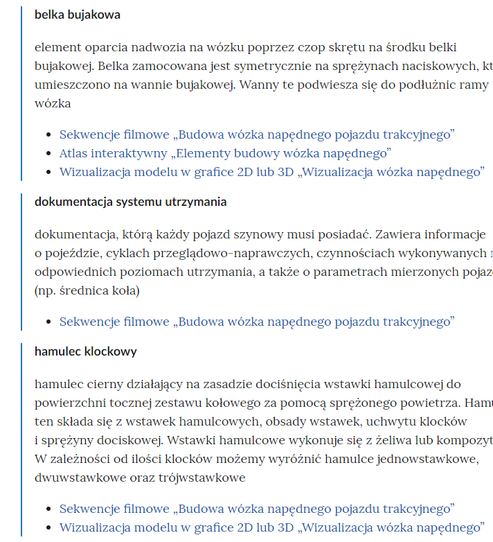 Zrzut ekranu przedstawia przykładowy widok pojęć w słowniku pojęć dla e‑materiału. Widoczne są trzy pojęcia z ich wyjaśnieniami oraz linkami do rozdziałów w których występują.