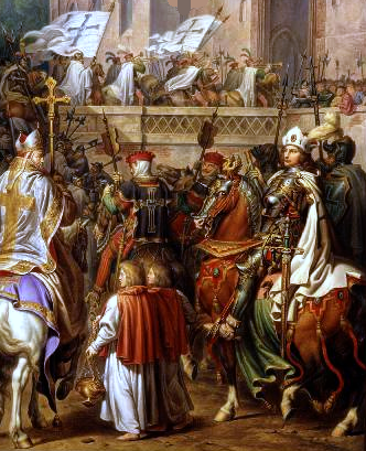 Obraz przedstawia wielkiego mistrza zakonu jadącego na koniu i wjeżdżającego do miasta wraz ze swoją świtą. Towarzyszą mu liczni rycerze, służący, duchowni i ministranci. W oddali przez most wkraczają do zamku krzyżackie oddziały ze sztandarami czarnych krzyży na białym płótnie.