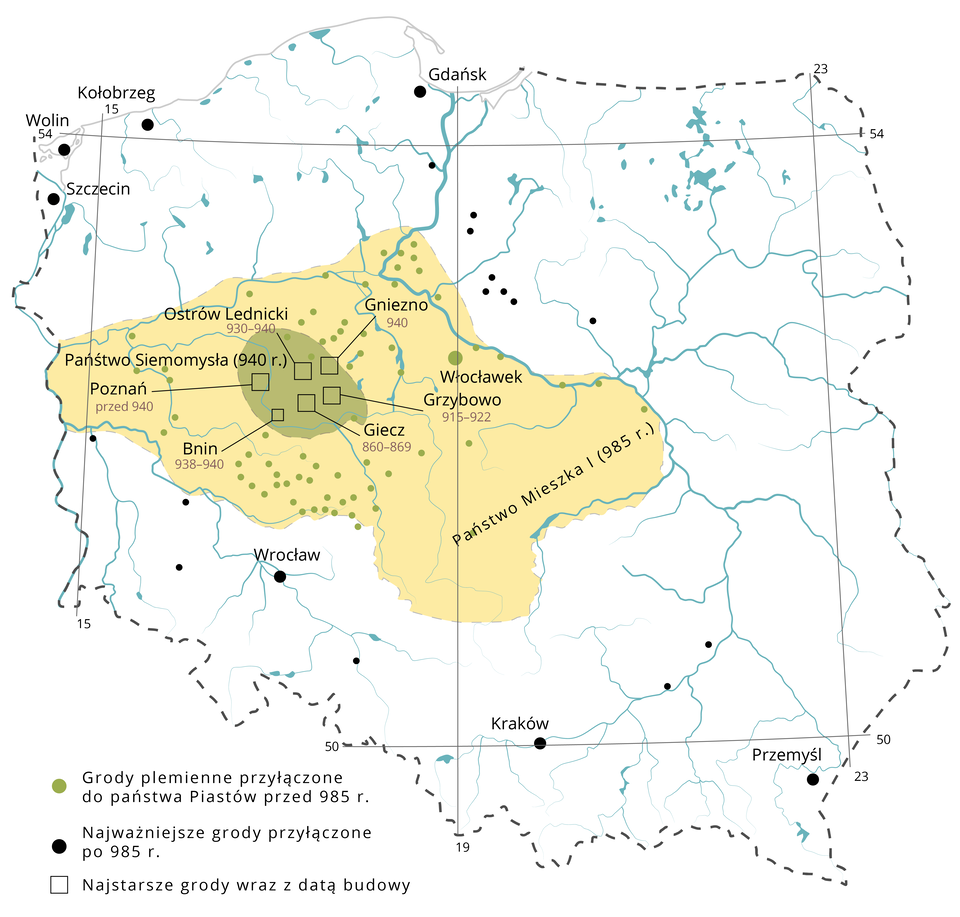 Ilustracja przedstawia obszar państwa Mieszka pierwszego z 985 roku wrysowany w obecną powierzchnię Polski. Państwo Mieszka zajmuje środkowo‑zachodnią część obecnego obszaru kraju. Zaznaczono w nim przyłączone grody: Ostrów Lednicki, Gniezno, Włocławek, Grzybowo, Giecz, Bnin oraz Poznań. W centralnej części mieściło się Państwo Siemomysła.