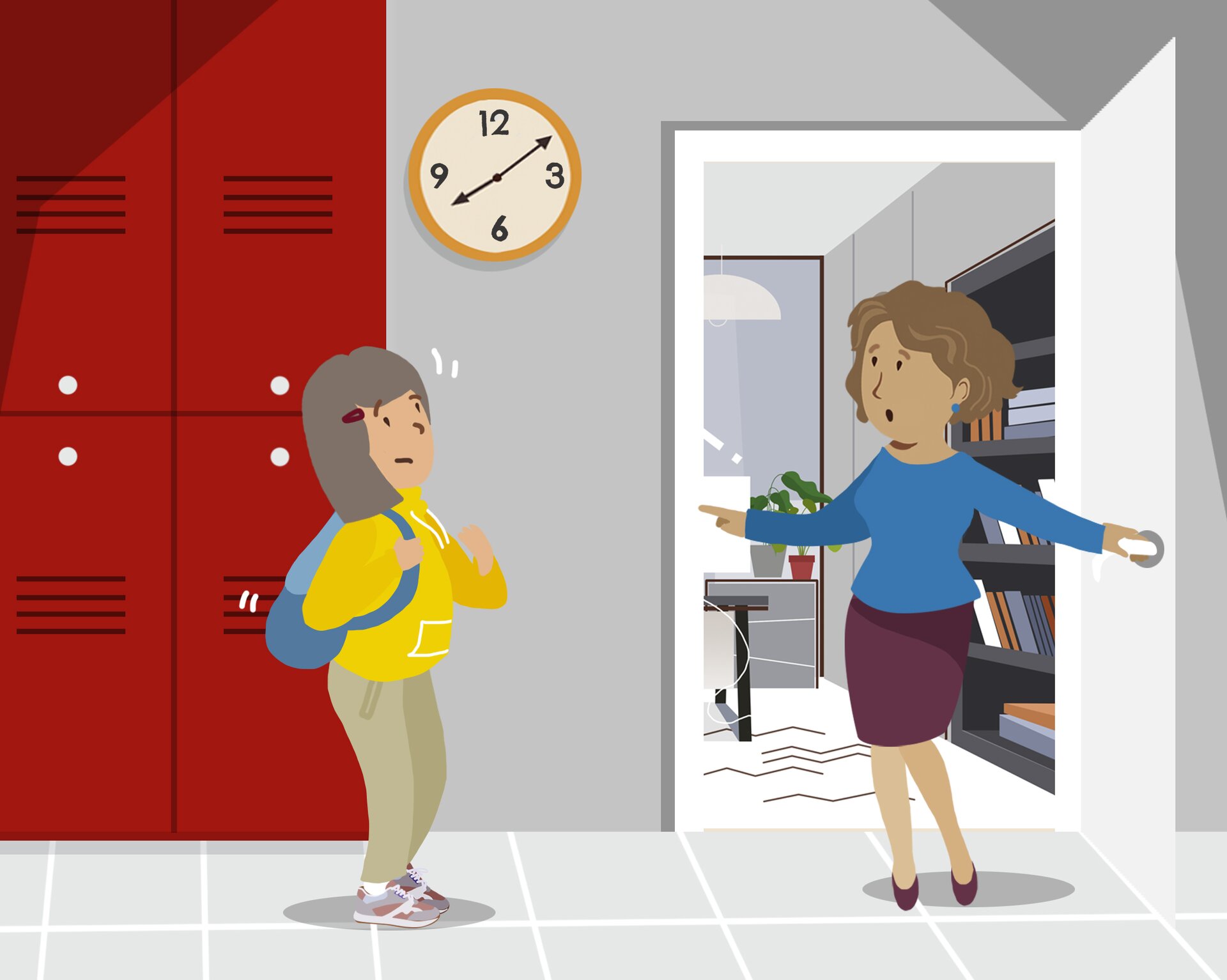 Na ilustracji widoczna jest nauczycielka z uczennicą na korytarzu. Kobieta otwiera drzwi i wychodzi na korytarz, na którym znajduje się dziewczynka. Obydwie mają zdziwione miny. 