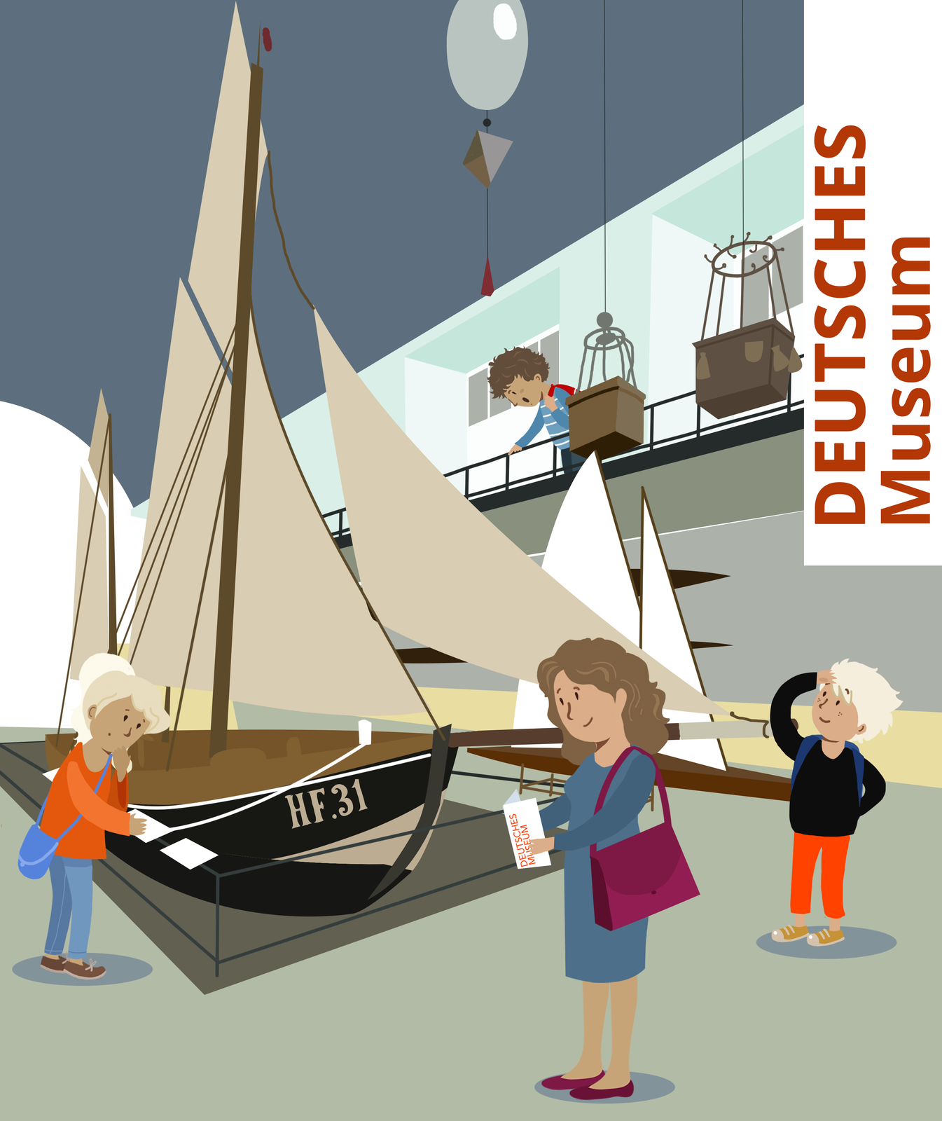 Ilustracja przedstawia osoby zwiedzające muzeum. Oglądają różnego rodzaju żaglówki. Po prawej stronie grafiki widoczny jest napis Deutsches Museum.