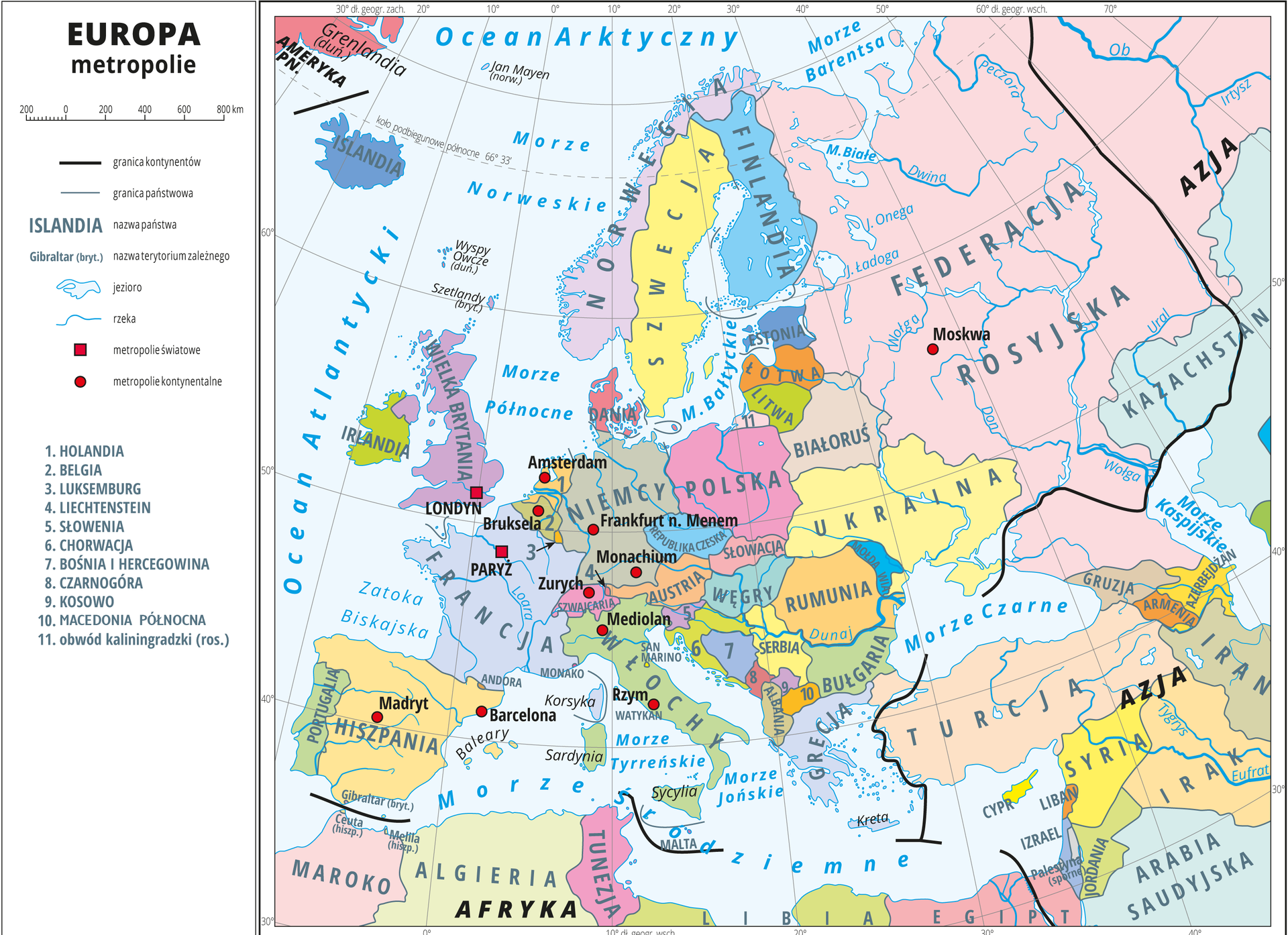 Na ilustracji mapa polityczna Europy. Państwa wyróżnione kolorami, czerwonymi kwadracikami zaznaczono metropolie światowe: Paryż i Londyn, a czerwonymi kropkami oznaczono wybrane metropolie kontynentalne. Są to: Madryt, Barcelona, Rzym, Mediolan, Zurych, Monachium, Frankfurt nad Menem, Amsterdam, Bruksela, Moskwa. Czarną linią oznaczono granicę między Europą a Azją. Mapa zawiera ramkę, w której opisano długość i szerokość geograficzną co dziesięć stopni. W legendzie opisano znaki użyte na mapie.