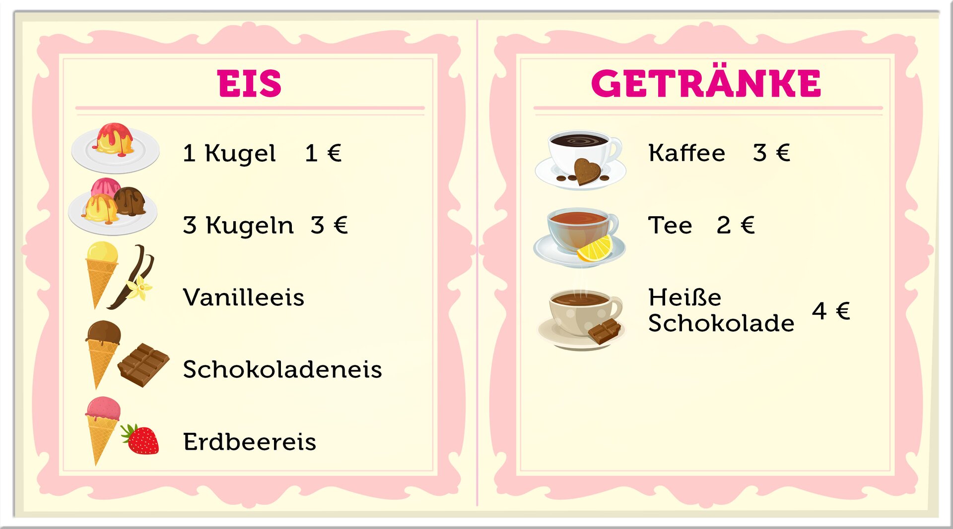 Ilustracja przedstawia menu lodziarni.