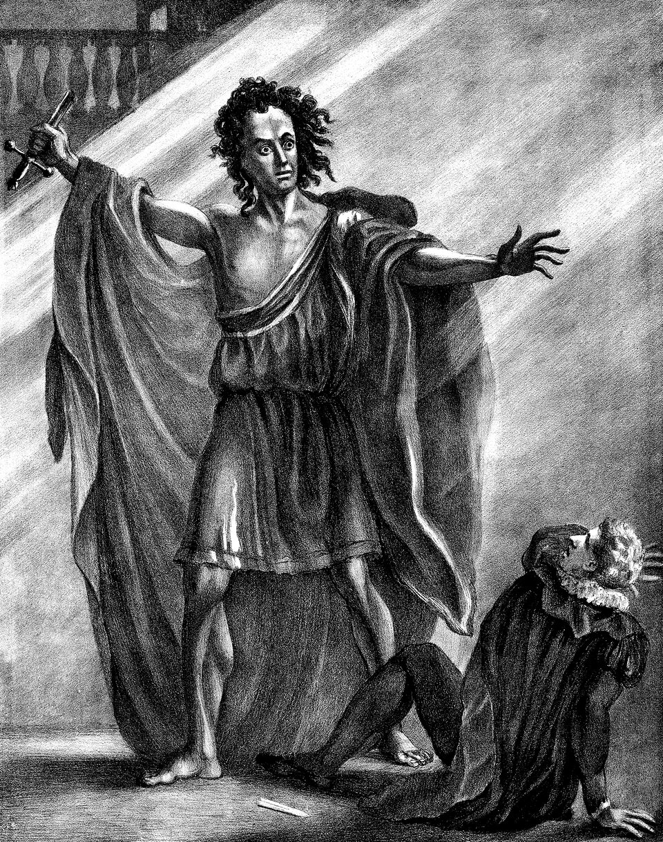 Obraz przedstawia młodego mężczyznę. Owalna twarz postaci ma nienaturalny wyraz. Czoło mężczyzny jest gładkie. Brwi są grube i ostro zarysowane. Postać ma szeroko otwarte, okrągłe oczy, prosty nos i wąskie usta. Postać ma wyprostowaną prawą rękę skierowaną do tyłu, dłoń jest zaciśnięta na sztylecie. Lewą rękę wysuwa przed siebie i rozwiera palce. Mężczyzna jest ubrany w szatę sięgającą kolan. Na ramionach ma przewieszoną obszerną pelerynę. Pod umięśnionymi nogami postaci, na podłodze siedzi młody mężczyzna. Jest szczupły, ma gęste, krótkie włosy. Prawa ręka jest wyprostowana, mężczyzna opiera się o nią. Lewą ręką próbuje osłonić twarz. Mężczyzna jest ubrany w gęsto udrapowaną pelerynę i obcisłe rajtuzy. Pod szyją ma kryzę.