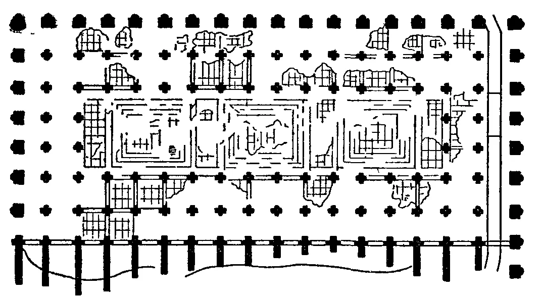 Na ilustracji przedstawiono schematycznie plan Basilica Julia, złożony z wielu czarnych kresek, krzyżyków, linii tworzących figury na planie prostokąta, na białym tle.