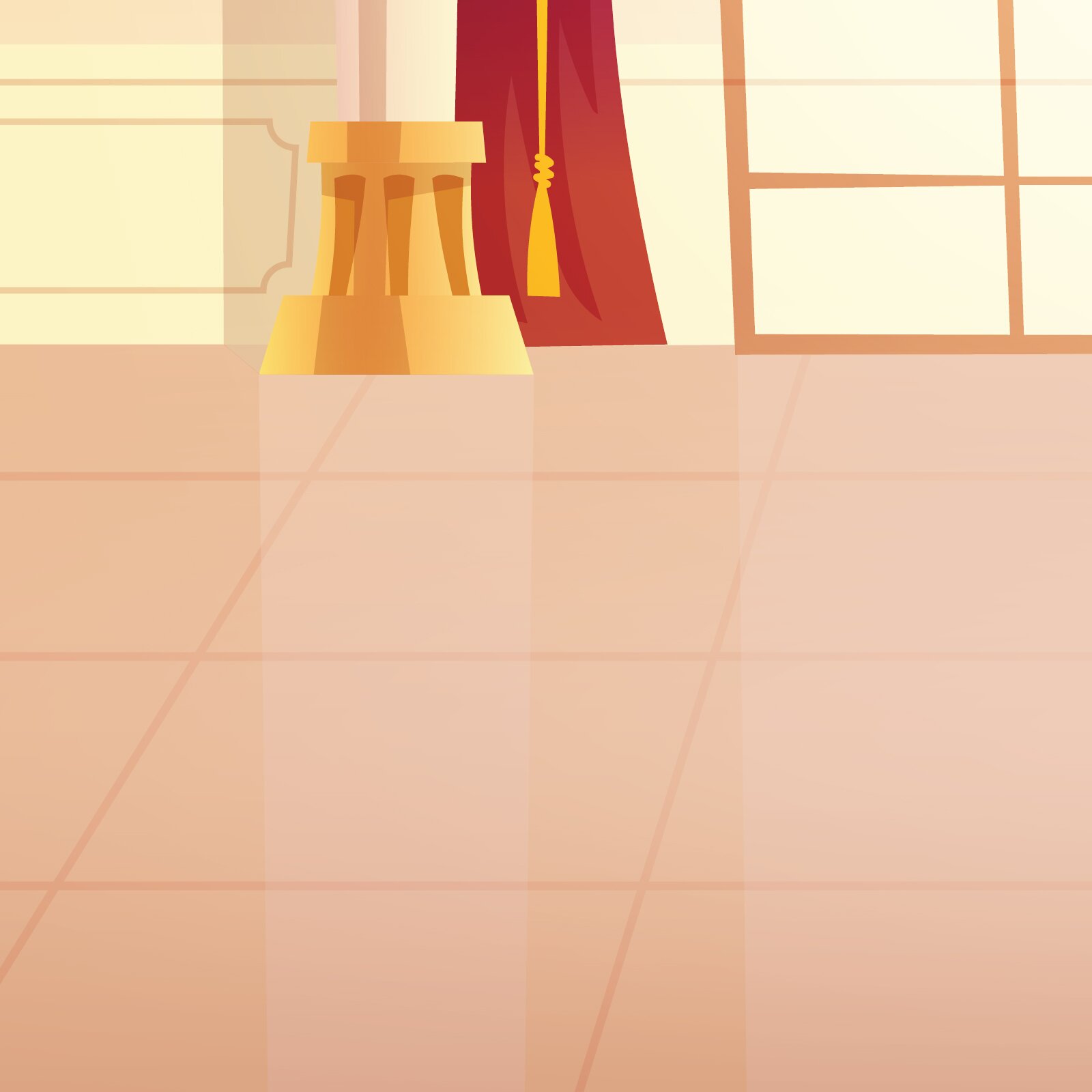 Ilustracja przedstawia lśniące kafelki na podłodze. W tle luksusowa podstawka i fragment drzwi balkonowych z zasłoną. 