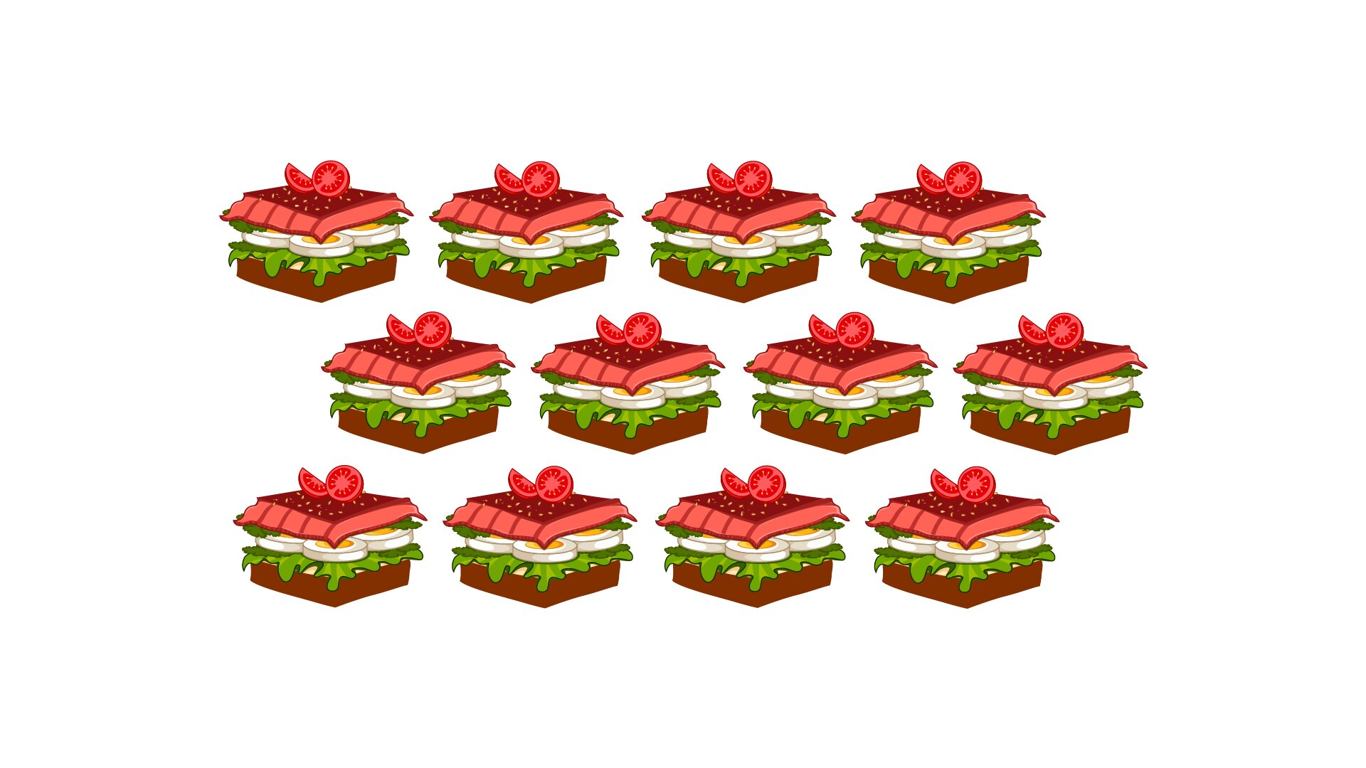 Grafika przedstawia tartinki. Widoczne są trzy rzędy, każdy złożony z czterech tartinek. Każda tartinka wygląda tak samo. Jest to prostopadłościan ustawiony narożnikiem do frontu, złożony z pięciu warstw, od dołu brązowej obrazującej chleb, zielonej – obrazującej sałatę, białej – obrazującej plastry jaja, czerwonej – obrazującej plaster wędliny i brązowej, zakończony połówką i ćwiartką małego pomidora.