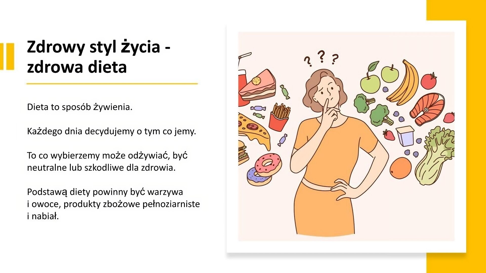 Biały slajd. Z prawej strony slajdu ilustracja przedstawiająca kobietę ubraną w pomarańczową sukienkę. Lewą dłoń położyła na biodrze, a palec wskazujący prawej dłoni przyłożyła do twarzy w geście zamyślenia. Nad głową kobiety trzy znaki zapytania. Z jej lewej strony żywność zdrowa (warzywa, owoce, ryby), a z prawej niezdrowa (fast food, słodycze). Z lewej strony slajdu tekst: „Zdrowy styl życia - zdrowa dieta. Dieta to sposób żywienia. Każdego dnia decydujemy o tym, co jemy. To, co wybierzemy, może odżywiać, być neutralne lub szkodliwe dla zdrowia. Podstawą diety powinny być warzywa i owoce, produkty zbożowe pełnoziarniste i nabiał”. 