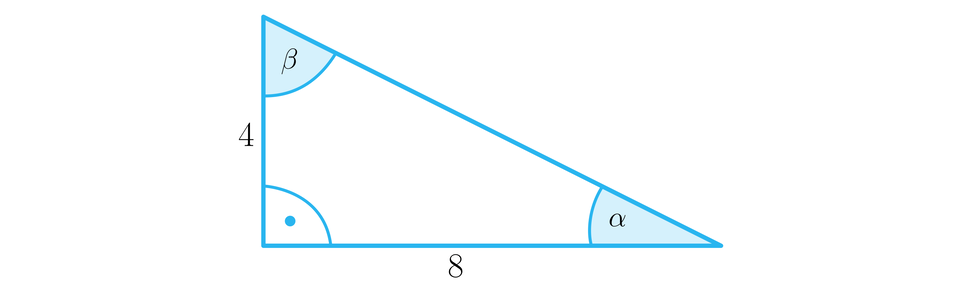 Rysunek przedstawia trójkąt prostokątny o  pionowej przyprostokątnej o długości cztery oraz o podstawie o długości osiem. Zaznaczono także kąty wewnętrzne trójkąta. Kąt prosty między pionową a poziomą przyprostokątną, kąt alfa między podstawą trójkąta a jego przeciwprostokątną oraz kąt BETA między pionową przyprostokątną a jego przeciwprostokątną.
