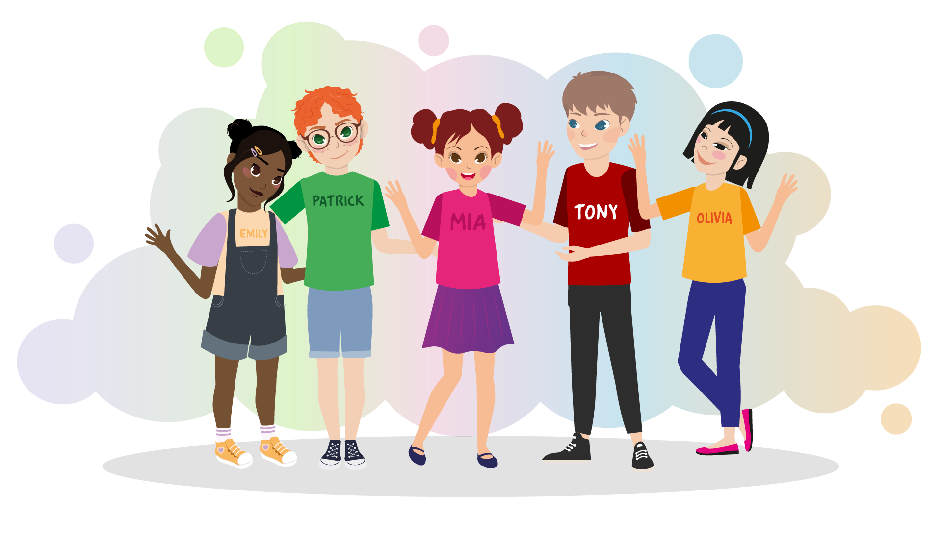 Na ilustracji stoją kolejno: dziewczynka w ogrodniczkach o krótkich nogawkach, rudy chłopiec w zielonej koszulce i niebieskich spodenkach, dziewczynka w różowej koszulce i niebieskiej spódniczce, chłopiec w czerwonej koszulce i czarnych spodniach oraz dziewczynka w żółtej koszulce i niebieskich spodniach.