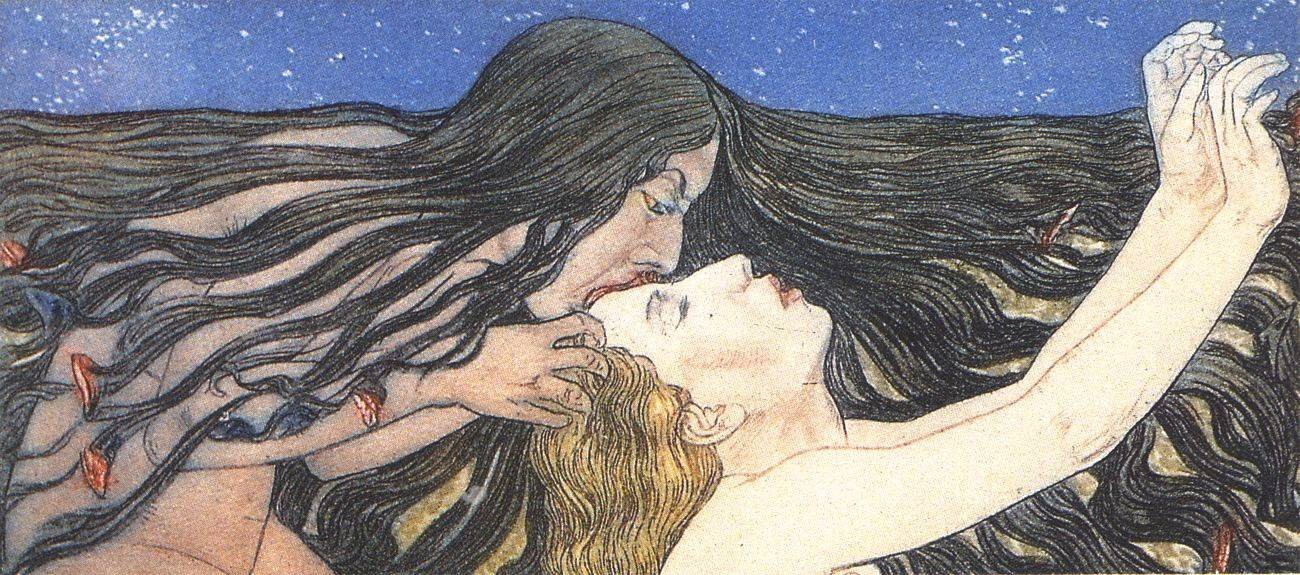 Kliknij żeby powiększyć Obraz przedstawia dwóch nagich mężczyzn. Jeden z nich ma czarne, długie włosy. Ustami dotyka czoła partnera znajdującego się przed nim. Palce wplata w jego włosy. Spogląda na niego. Mężczyzna o długich, blond włosach siedzi. Ma piękne ciało o jasnej karnacji. Ręce podnosi do góry, zaś głowę odchyla do tyłu. Jego oczy są zamknięte, a usta delikatnie otwarte.